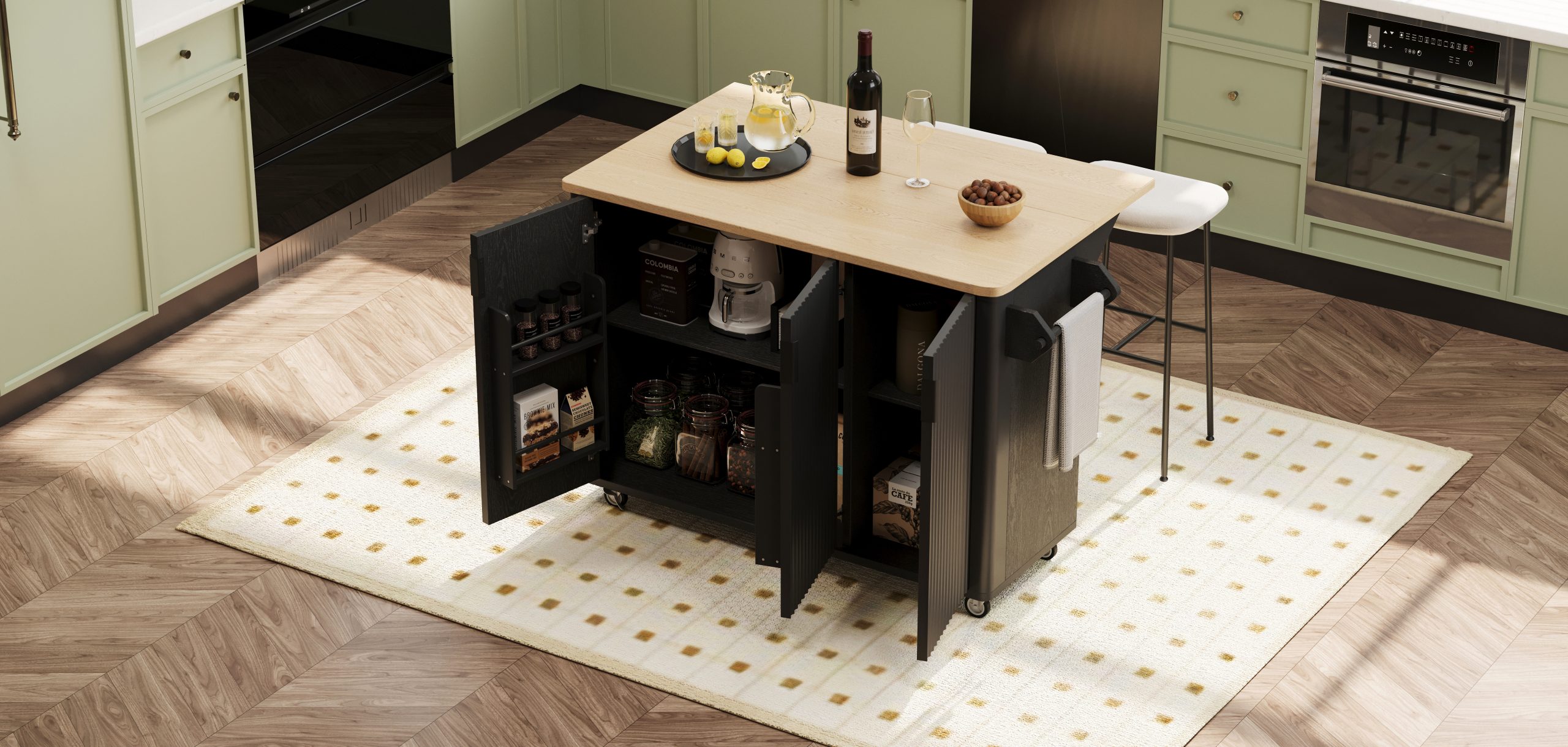 K&K 51" Fluted Kitchen Island with Drop Leaf, Farmhouse Accent Kitchen Island on Wheels with Internal Storage Rack, Rolling Kitchen Cart with Towel Rack for Kitchen, Dining Room, Black Ash - Image 4