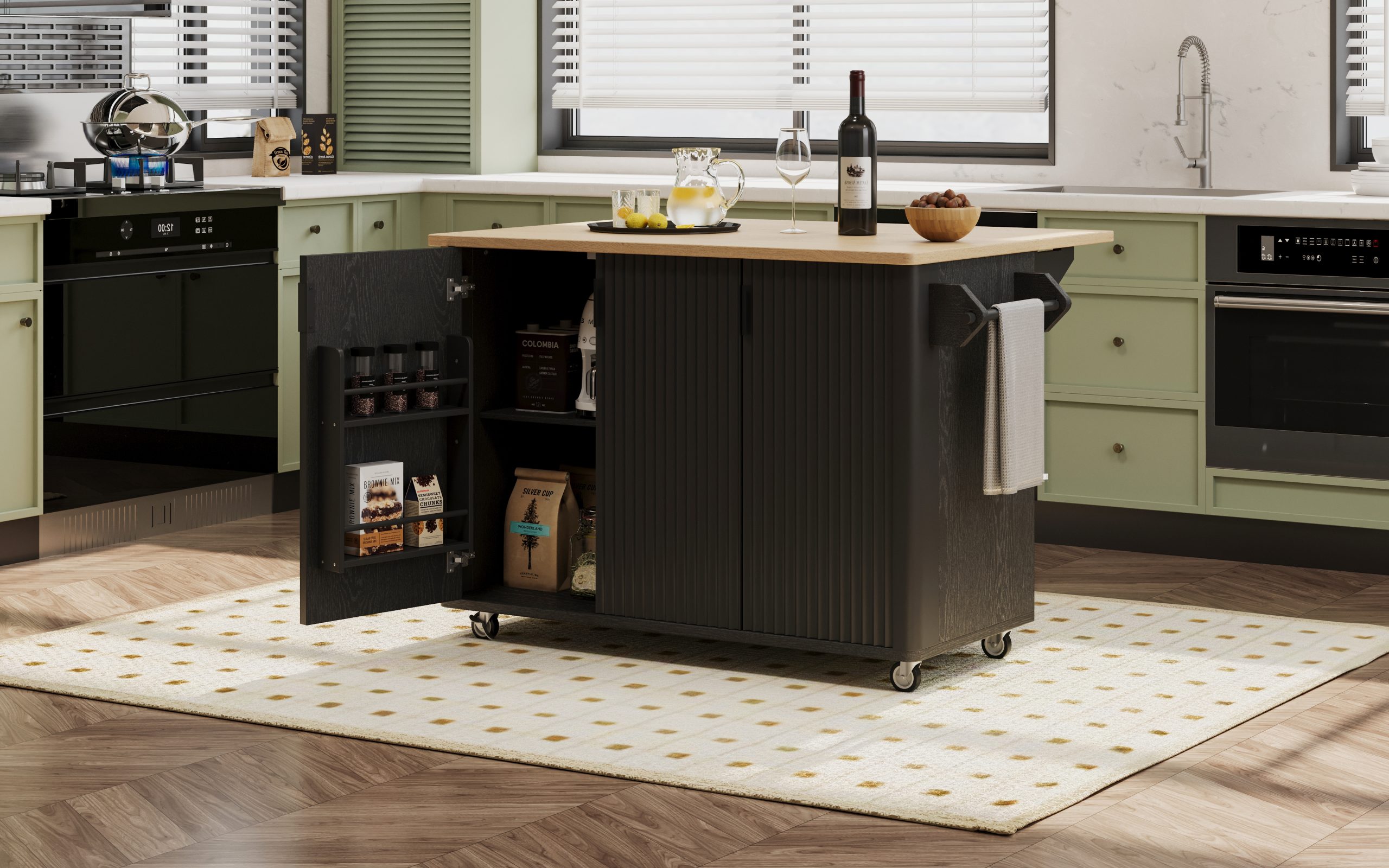 K&K 51" Fluted Kitchen Island with Drop Leaf, Farmhouse Accent Kitchen Island on Wheels with Internal Storage Rack, Rolling Kitchen Cart with Towel Rack for Kitchen, Dining Room, Black Ash - Image 5