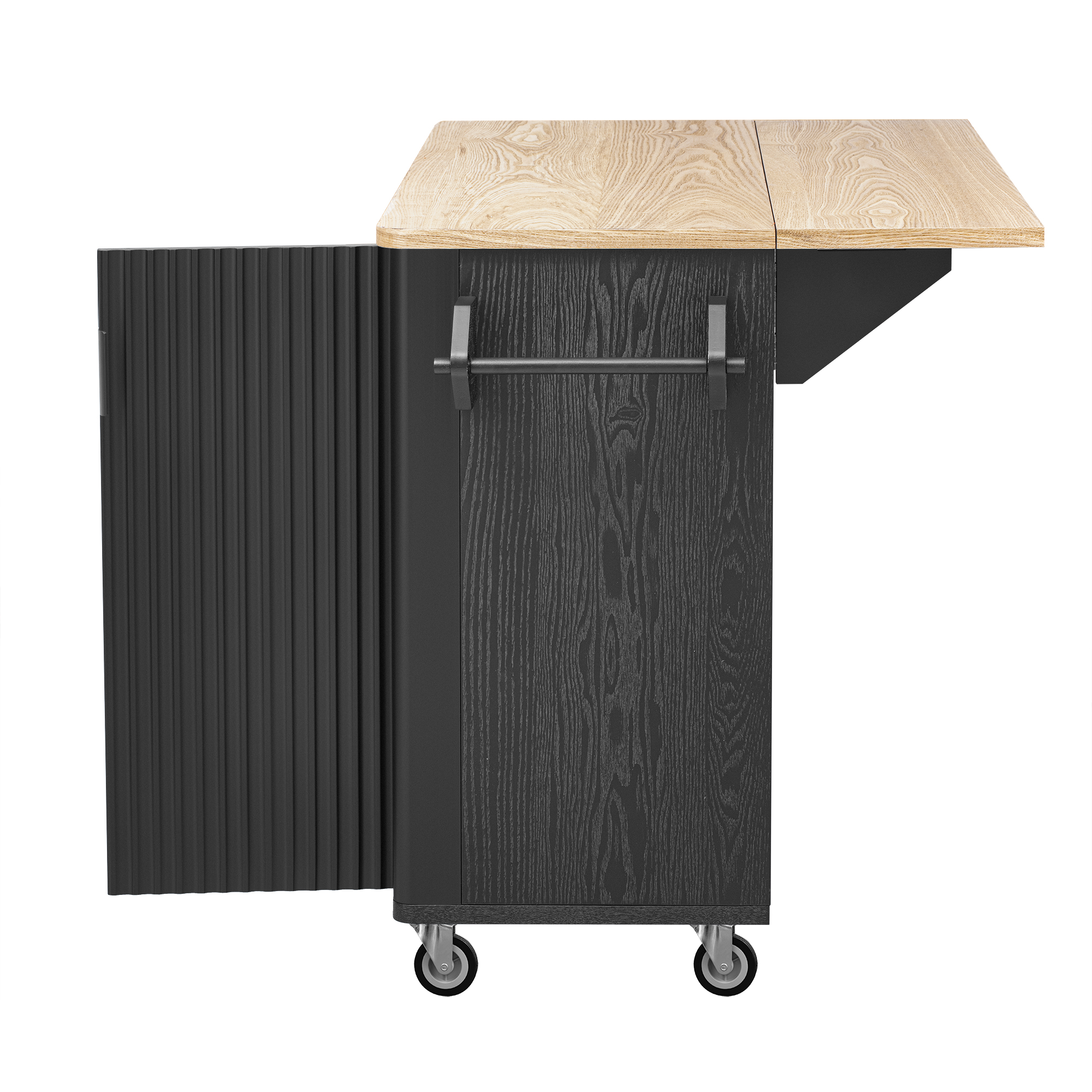 K&K 51" Fluted Kitchen Island with Drop Leaf, Farmhouse Accent Kitchen Island on Wheels with Internal Storage Rack, Rolling Kitchen Cart with Towel Rack for Kitchen, Dining Room, Black Ash - Image 6