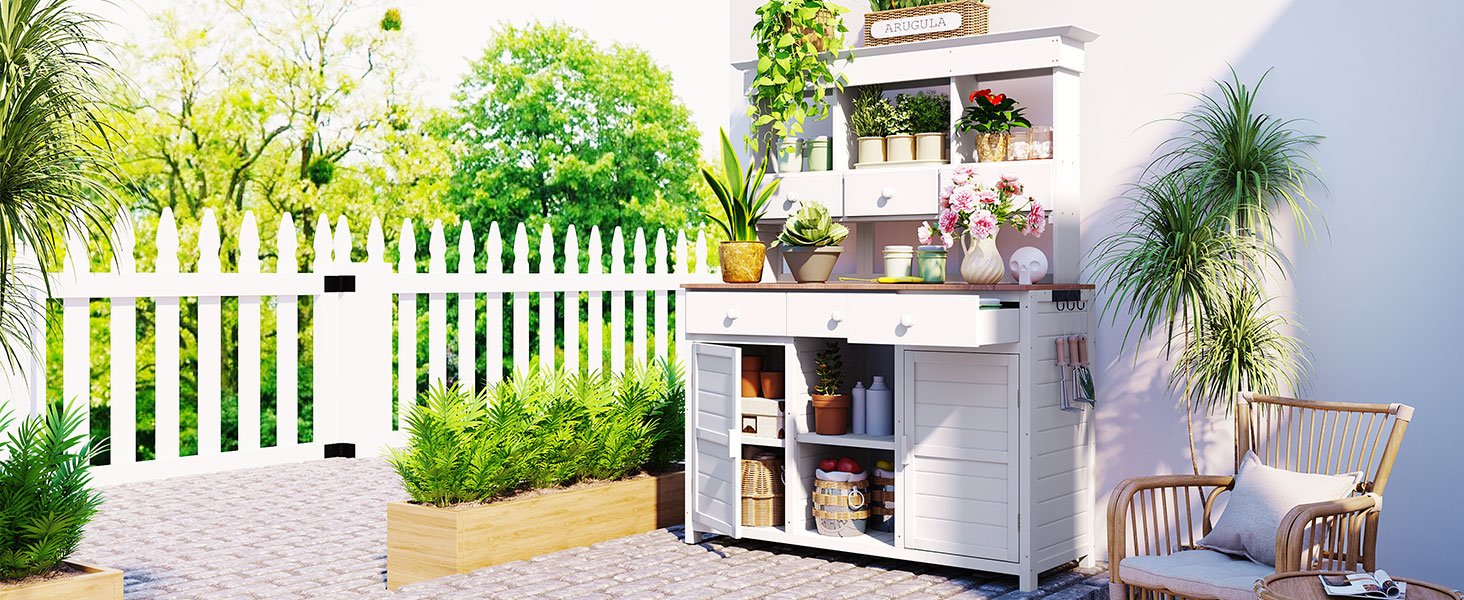 [Assembly Video Provided] TOPMAX 65.7'' H Tall Garden Potting Bench Table with Hutch,Patio Storage Workstation with 3 Shelves,6 Drawers,2 Bottom Cabinets&Side Hooks for Mudroom,Doorway, White - Image 2