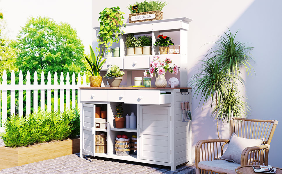 [Assembly Video Provided] TOPMAX 65.7'' H Tall Garden Potting Bench Table with Hutch,Patio Storage Workstation with 3 Shelves,6 Drawers,2 Bottom Cabinets&Side Hooks for Mudroom,Doorway, White - Image 3