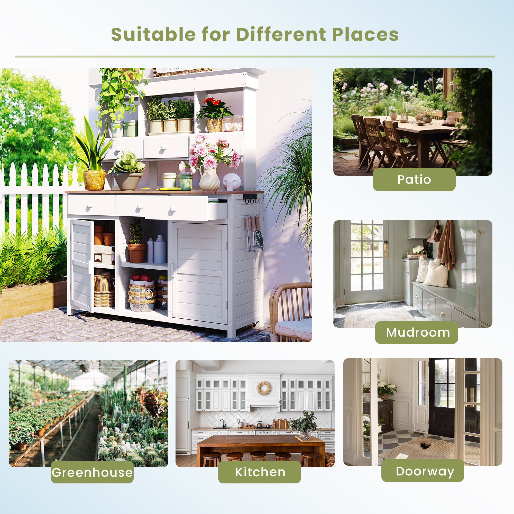 [Assembly Video Provided] TOPMAX 65.7'' H Tall Garden Potting Bench Table with Hutch,Patio Storage Workstation with 3 Shelves,6 Drawers,2 Bottom Cabinets&Side Hooks for Mudroom,Doorway, White - Image 4