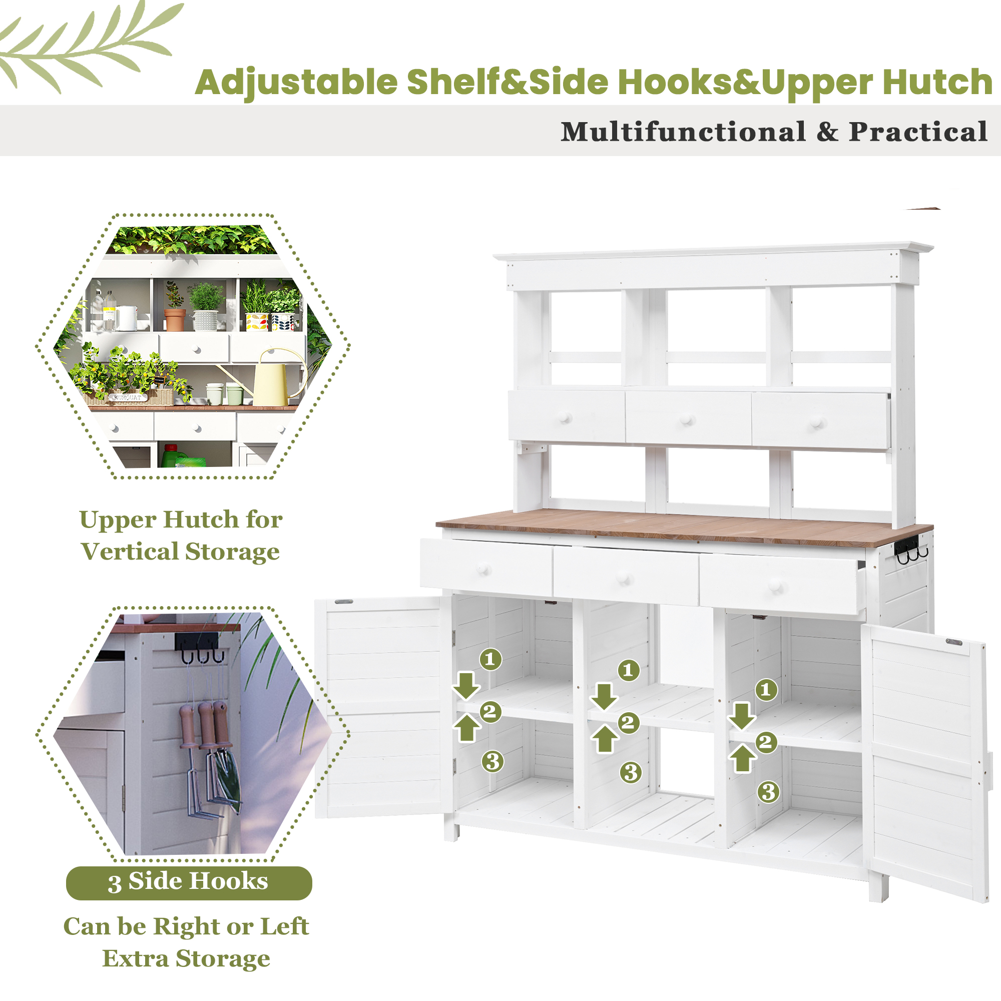 [Assembly Video Provided] TOPMAX 65.7'' H Tall Garden Potting Bench Table with Hutch,Patio Storage Workstation with 3 Shelves,6 Drawers,2 Bottom Cabinets&Side Hooks for Mudroom,Doorway, White - Image 5