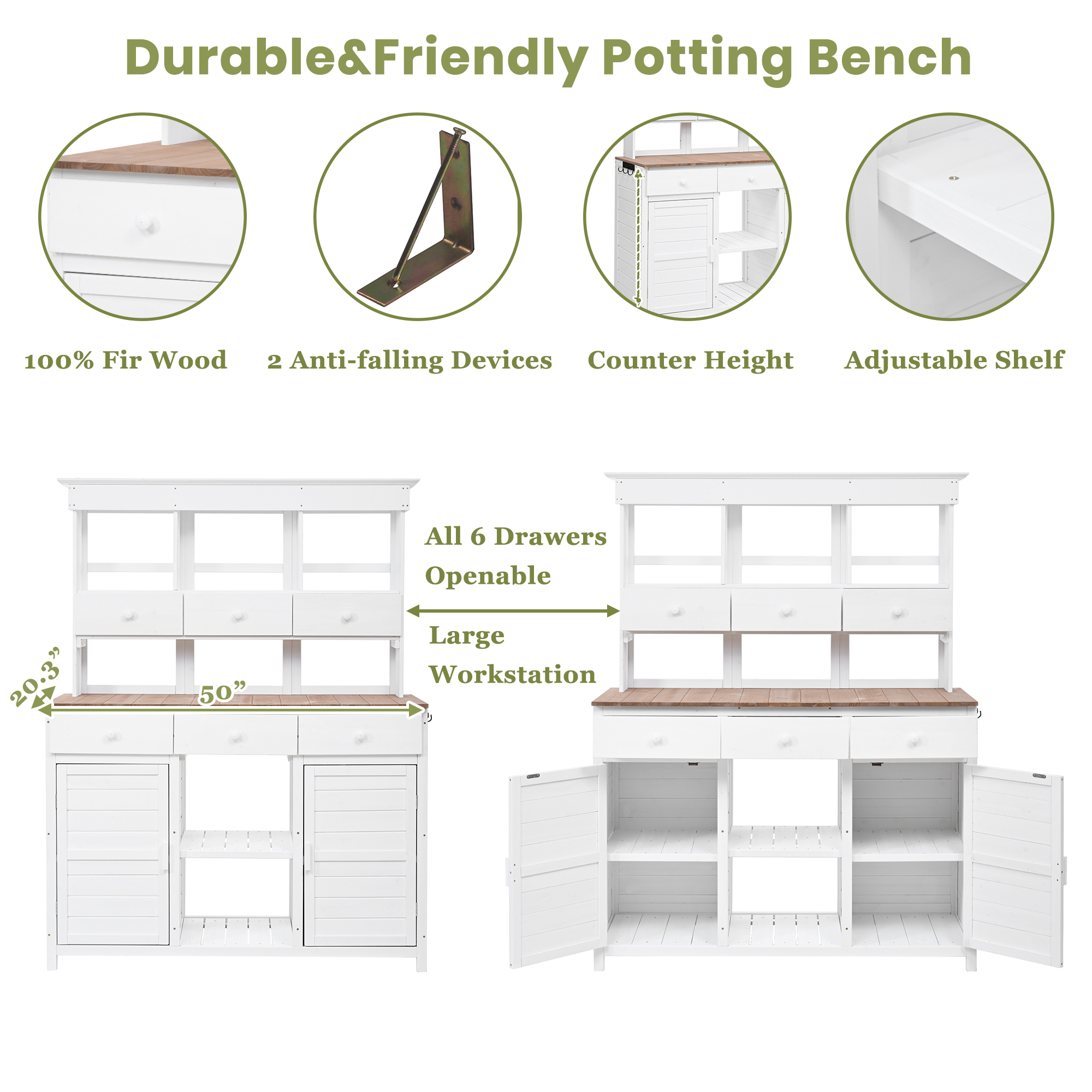 [Assembly Video Provided] TOPMAX 65.7'' H Tall Garden Potting Bench Table with Hutch,Patio Storage Workstation with 3 Shelves,6 Drawers,2 Bottom Cabinets&Side Hooks for Mudroom,Doorway, White - Image 6