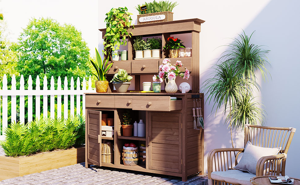 [Assembly Video Provided] TOPMAX 65.7'' H Tall Garden Potting Bench Table with Hutch,Patio Storage Workstation with 3 Shelves,6 Drawers,2 Bottom Cabinets&Side Hooks for Mudroom,Doorway, Brown - Image 2