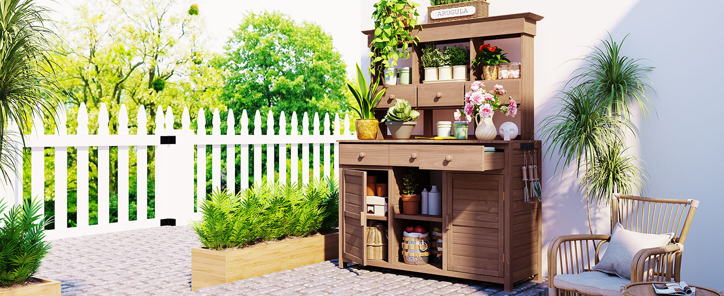 [Assembly Video Provided] TOPMAX 65.7'' H Tall Garden Potting Bench Table with Hutch,Patio Storage Workstation with 3 Shelves,6 Drawers,2 Bottom Cabinets&Side Hooks for Mudroom,Doorway, Brown - Image 3