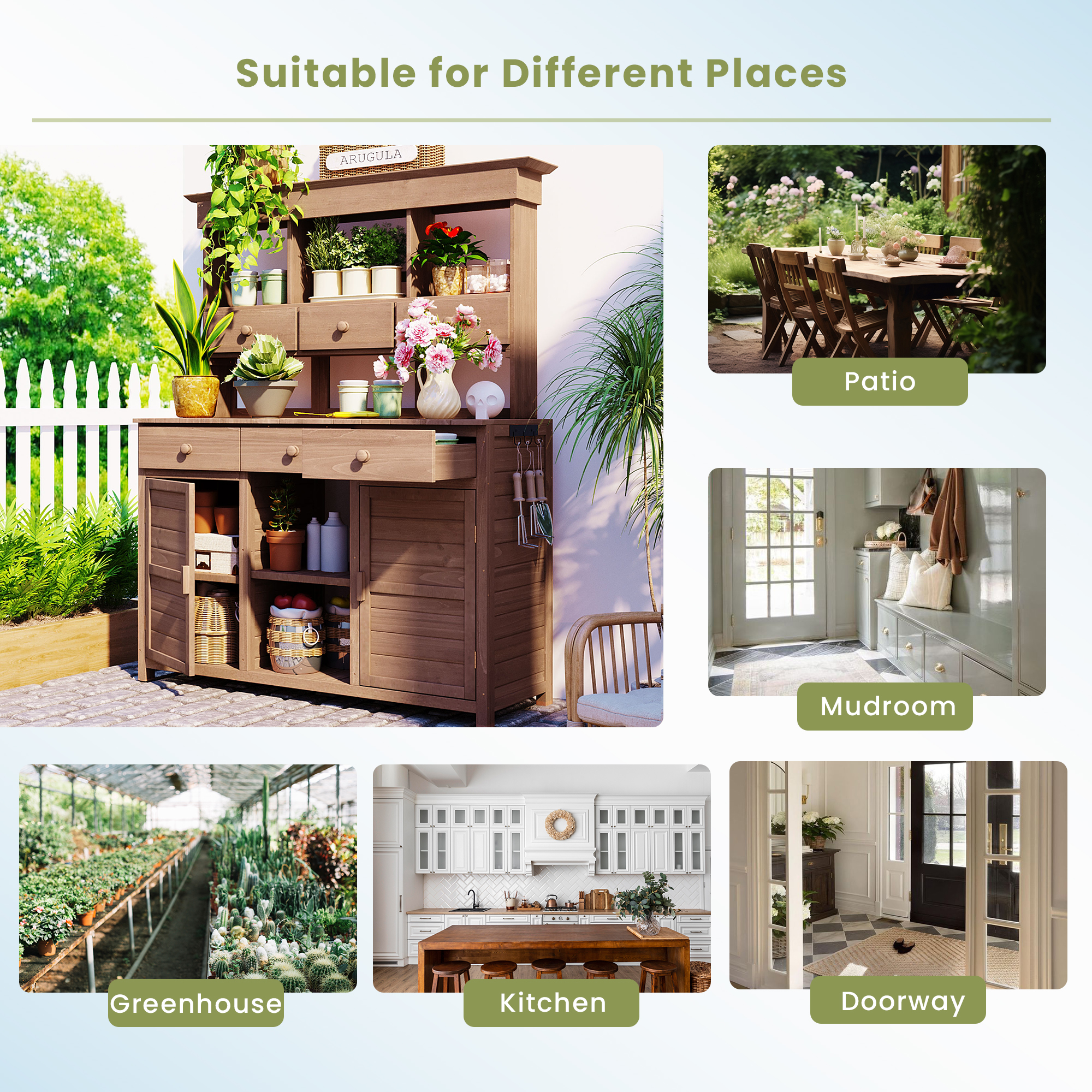 [Assembly Video Provided] TOPMAX 65.7'' H Tall Garden Potting Bench Table with Hutch,Patio Storage Workstation with 3 Shelves,6 Drawers,2 Bottom Cabinets&Side Hooks for Mudroom,Doorway, Brown - Image 4