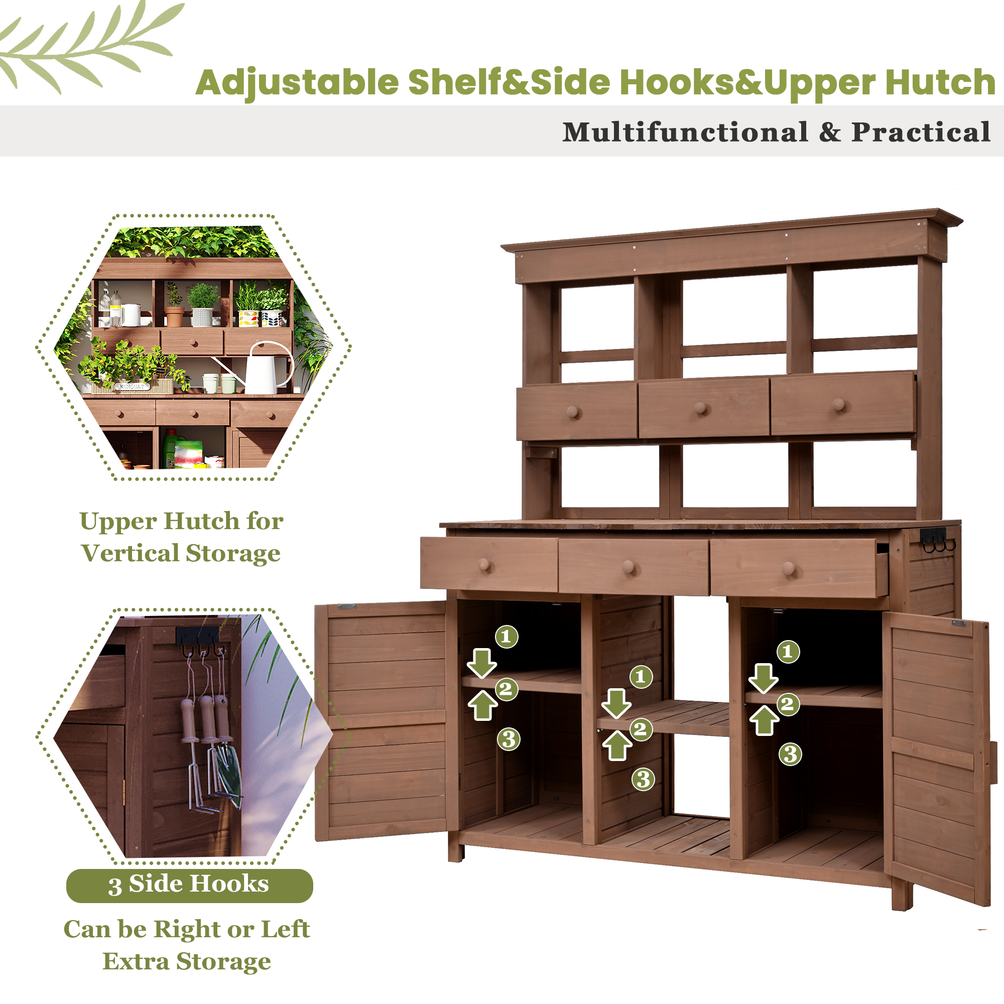 [Assembly Video Provided] TOPMAX 65.7'' H Tall Garden Potting Bench Table with Hutch,Patio Storage Workstation with 3 Shelves,6 Drawers,2 Bottom Cabinets&Side Hooks for Mudroom,Doorway, Brown - Image 5
