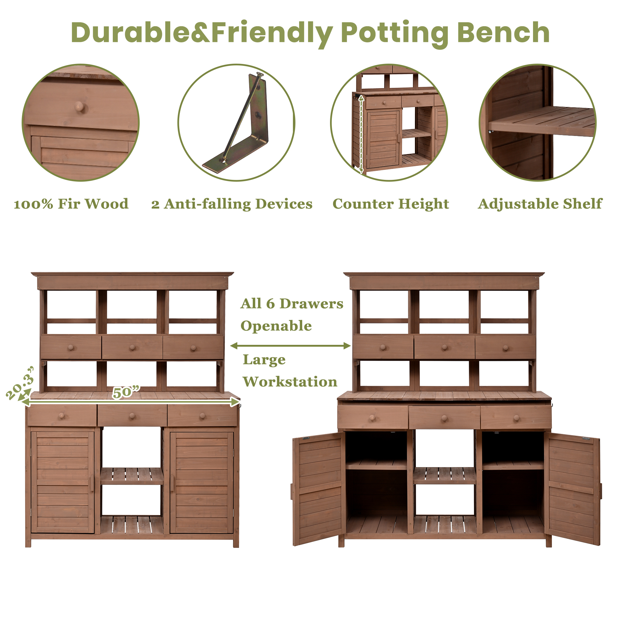 [Assembly Video Provided] TOPMAX 65.7'' H Tall Garden Potting Bench Table with Hutch,Patio Storage Workstation with 3 Shelves,6 Drawers,2 Bottom Cabinets&Side Hooks for Mudroom,Doorway, Brown - Image 6
