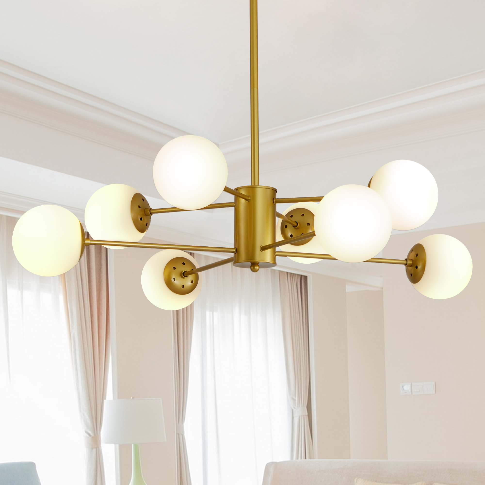 35" Modern 8-Light Gold Chandelier with White Glass Globe Shades, Mid-Century Branching Design, Elegant Ceiling Light Fixture for Dining Room, Living Room, or Bedroom (No Bulbs) - Image 2