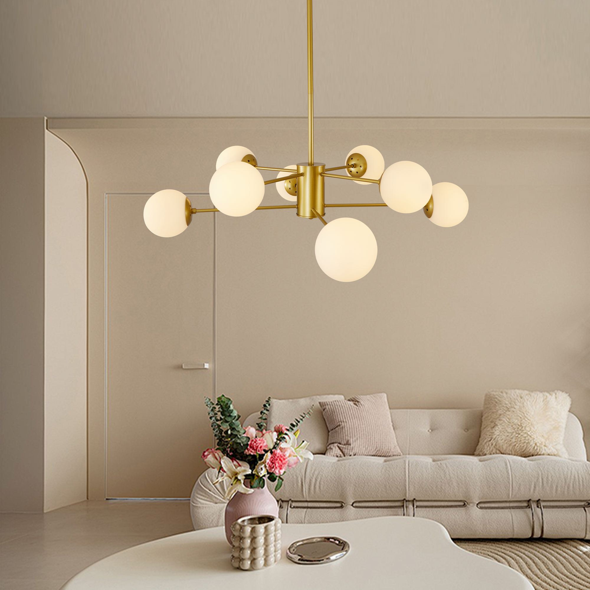 35" Modern 8-Light Gold Chandelier with White Glass Globe Shades, Mid-Century Branching Design, Elegant Ceiling Light Fixture for Dining Room, Living Room, or Bedroom (No Bulbs) - Image 3
