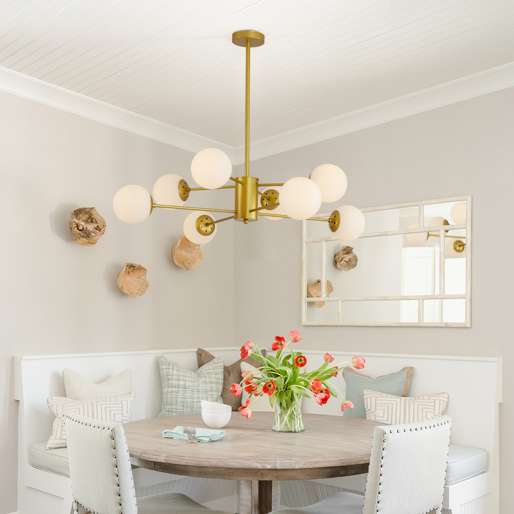 35" Modern 8-Light Gold Chandelier with White Glass Globe Shades, Mid-Century Branching Design, Elegant Ceiling Light Fixture for Dining Room, Living Room, or Bedroom (No Bulbs) - Image 4