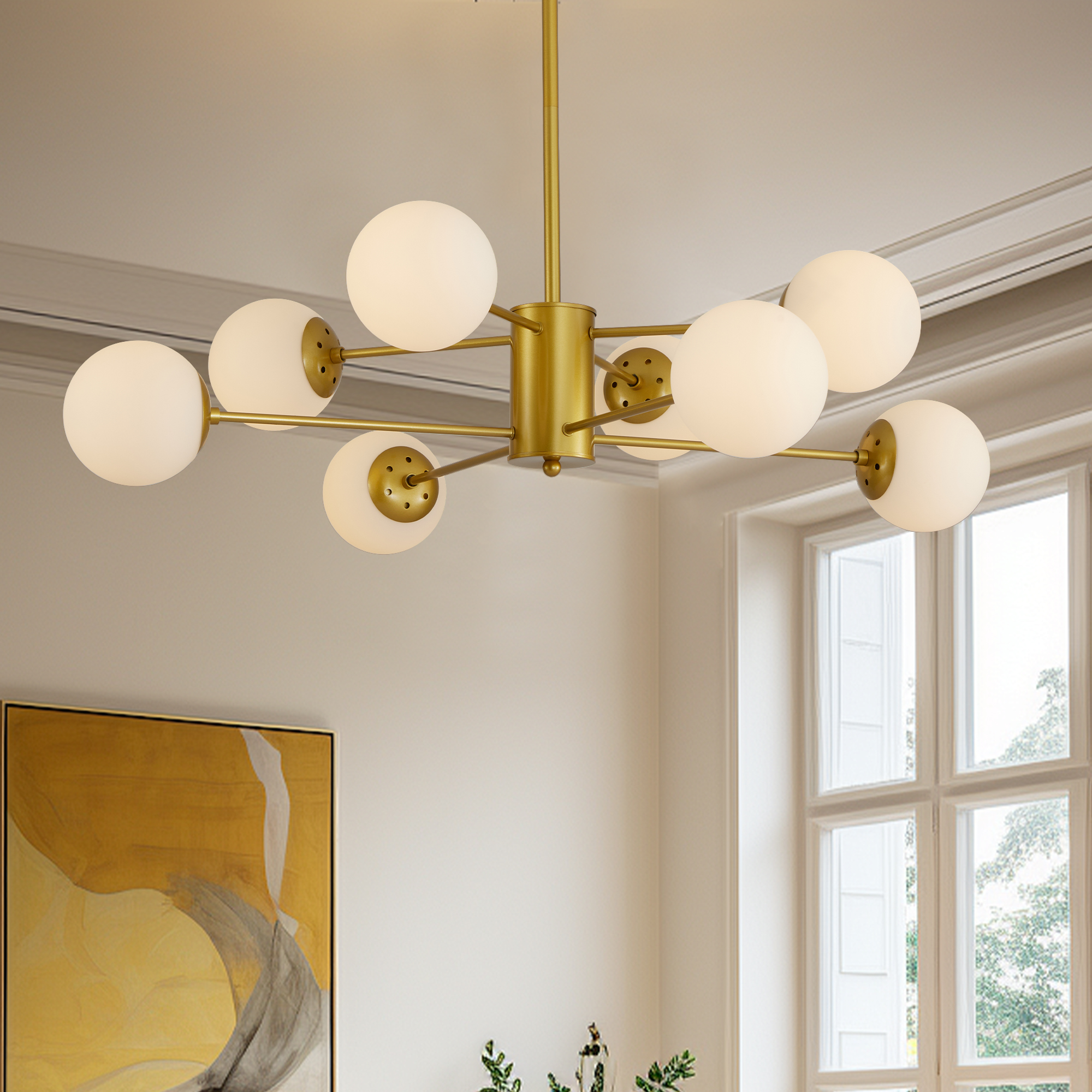 35" Modern 8-Light Gold Chandelier with White Glass Globe Shades, Mid-Century Branching Design, Elegant Ceiling Light Fixture for Dining Room, Living Room, or Bedroom (No Bulbs) - Image 5
