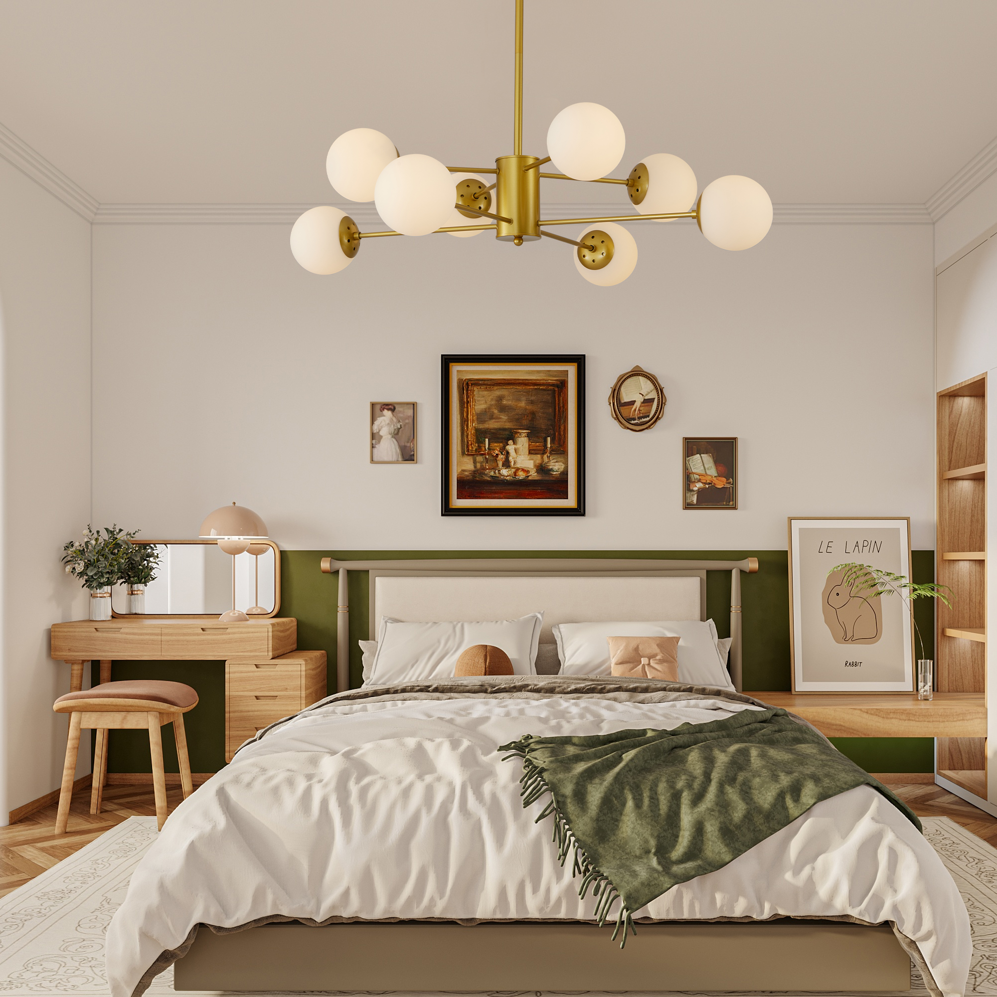 35" Modern 8-Light Gold Chandelier with White Glass Globe Shades, Mid-Century Branching Design, Elegant Ceiling Light Fixture for Dining Room, Living Room, or Bedroom (No Bulbs) - Image 6