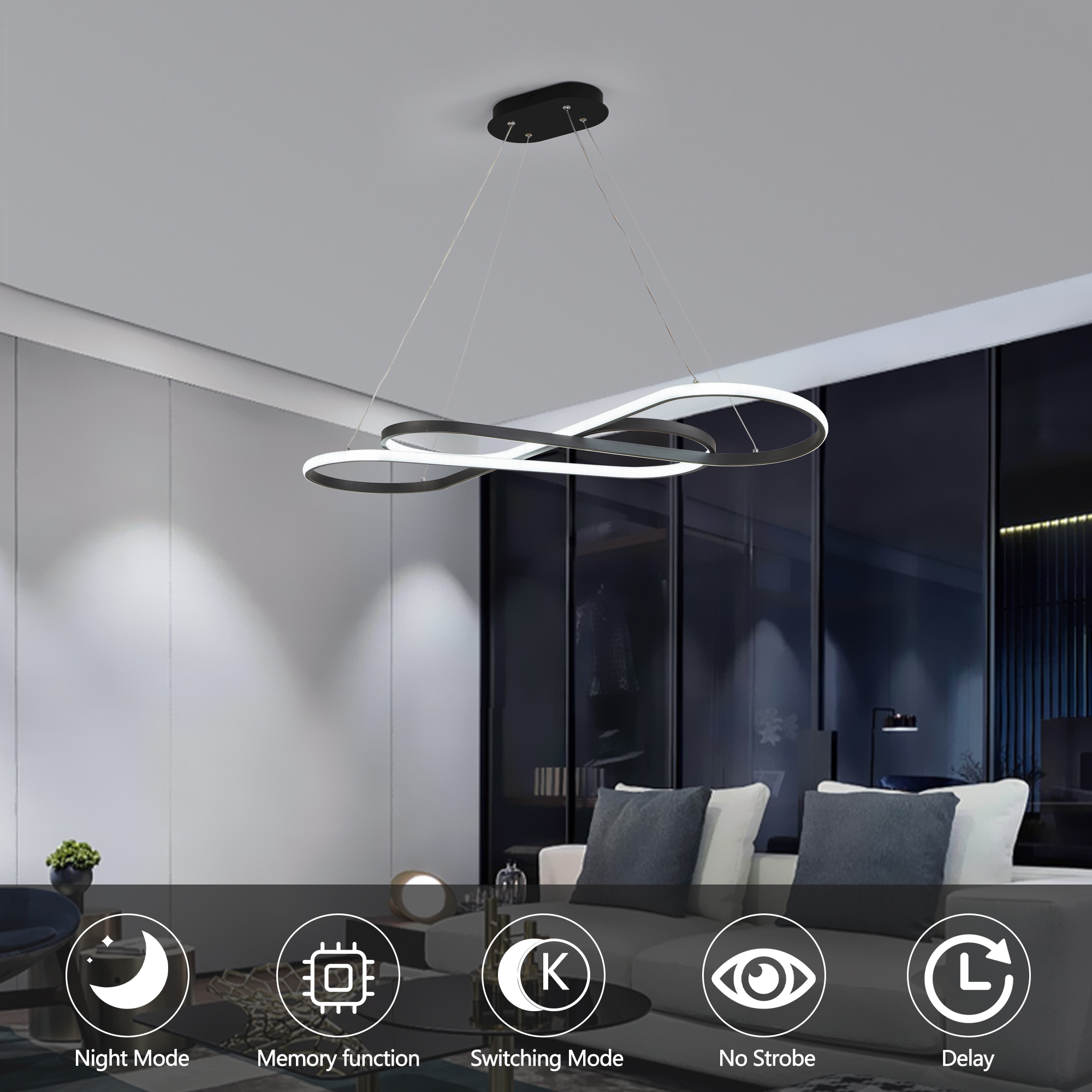 39" Modern LED Pendant Light, Infinity Design Hanging Ceiling Fixture, Adjustable Height, Dimmable for Living Room, Dining Room, Bedroom, Black Finish - Image 3