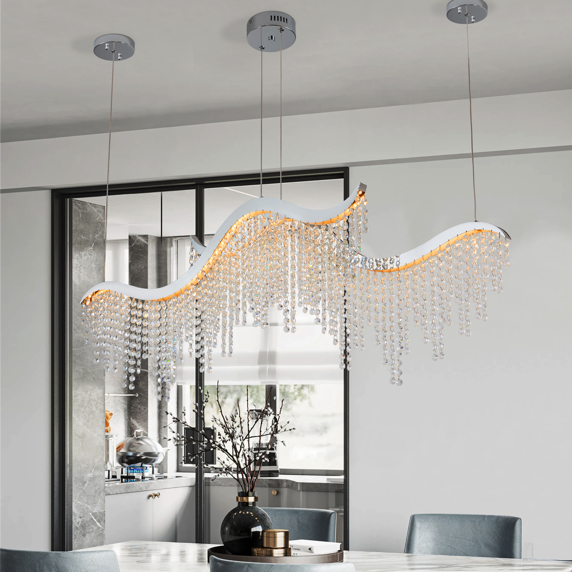 36-inch Modern Wave LED Crystal Chandelier - Adjustable Color Temperature 3000K/4000K/6000K - Adjustable Height - Elegant Chandelier for Living Room and Luxurious Space - Image 3