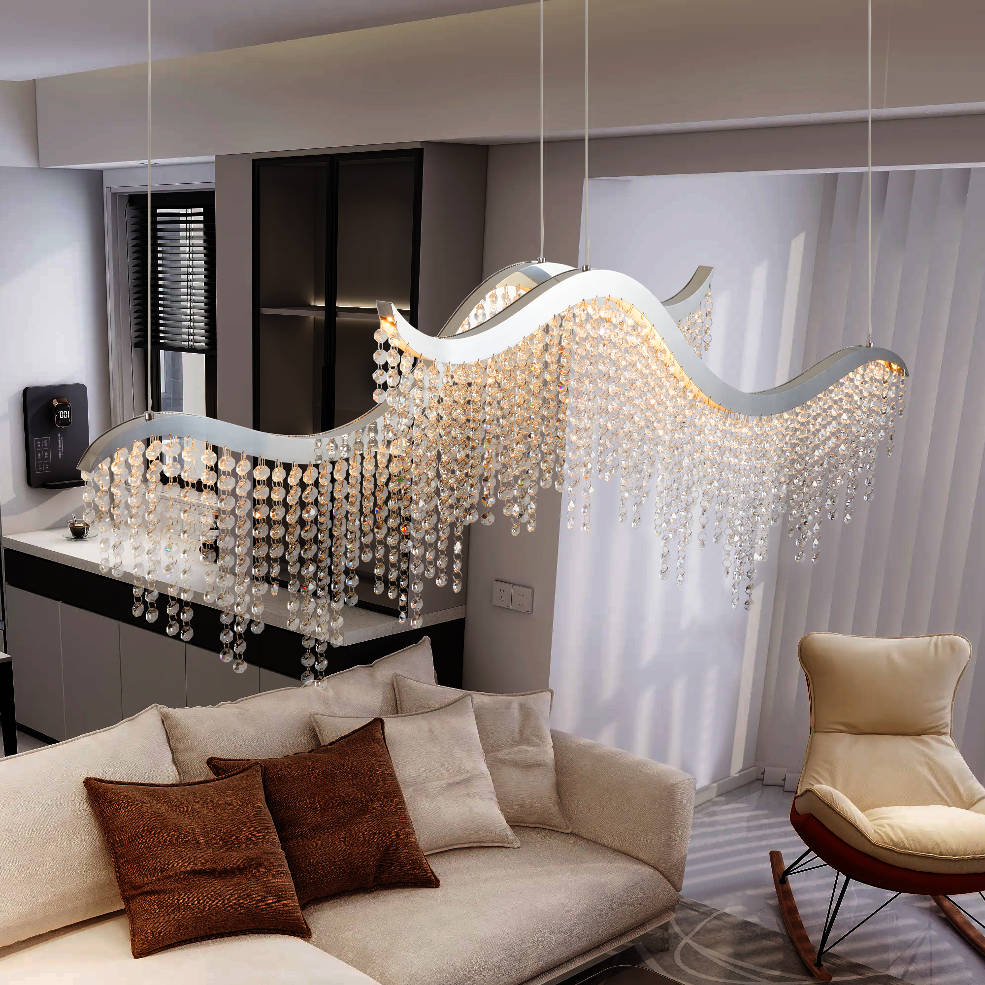 36-inch Modern Wave LED Crystal Chandelier - Adjustable Color Temperature 3000K/4000K/6000K - Adjustable Height - Elegant Chandelier for Living Room and Luxurious Space - Image 4