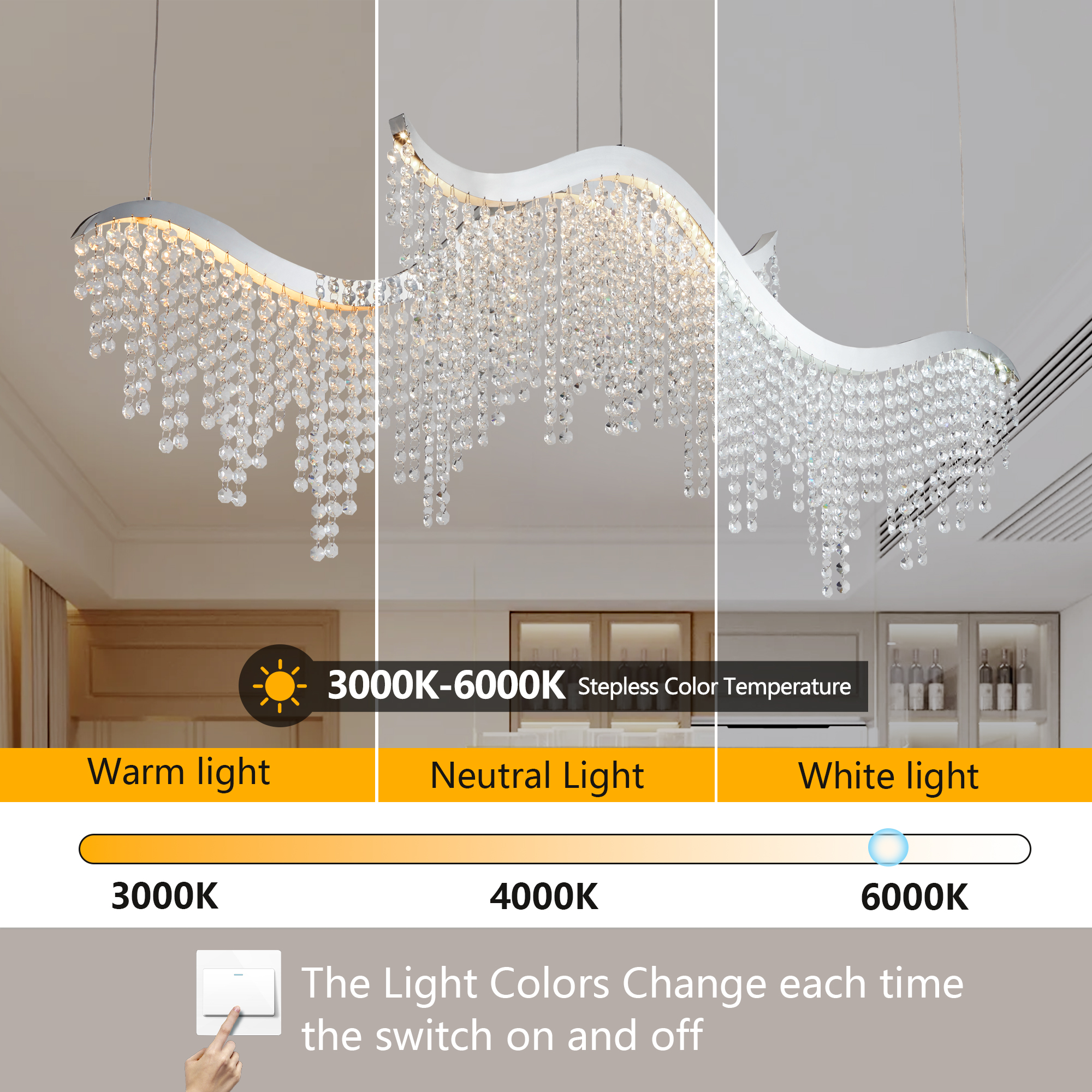 36-inch Modern Wave LED Crystal Chandelier - Adjustable Color Temperature 3000K/4000K/6000K - Adjustable Height - Elegant Chandelier for Living Room and Luxurious Space - Image 5