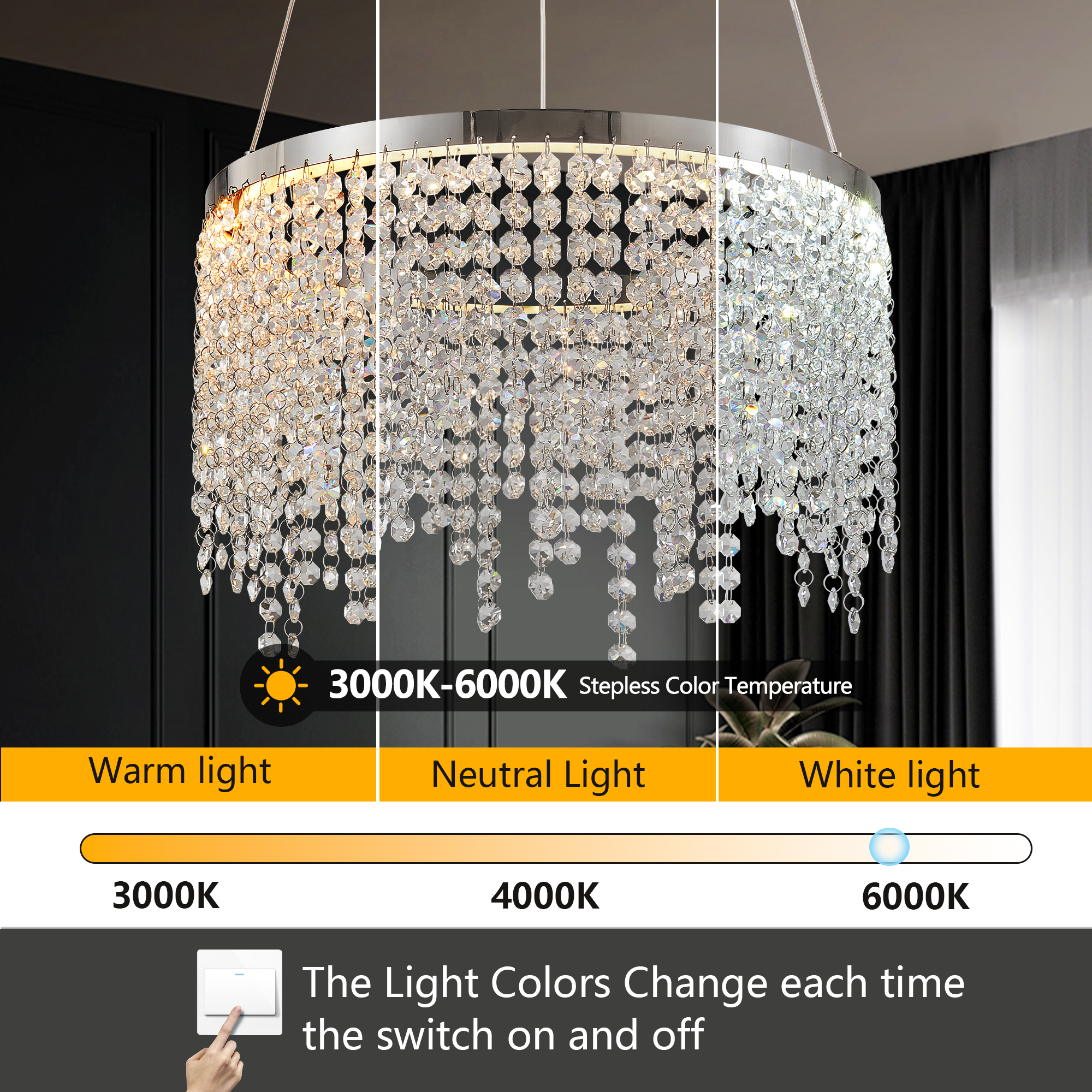16-inch Luxury Crystal LED Chandelier - Adjustable Height and Color Temperature (3000K-6000K) - Modern Chandelier for Living Room, Dining Room and Bedroom - Image 6