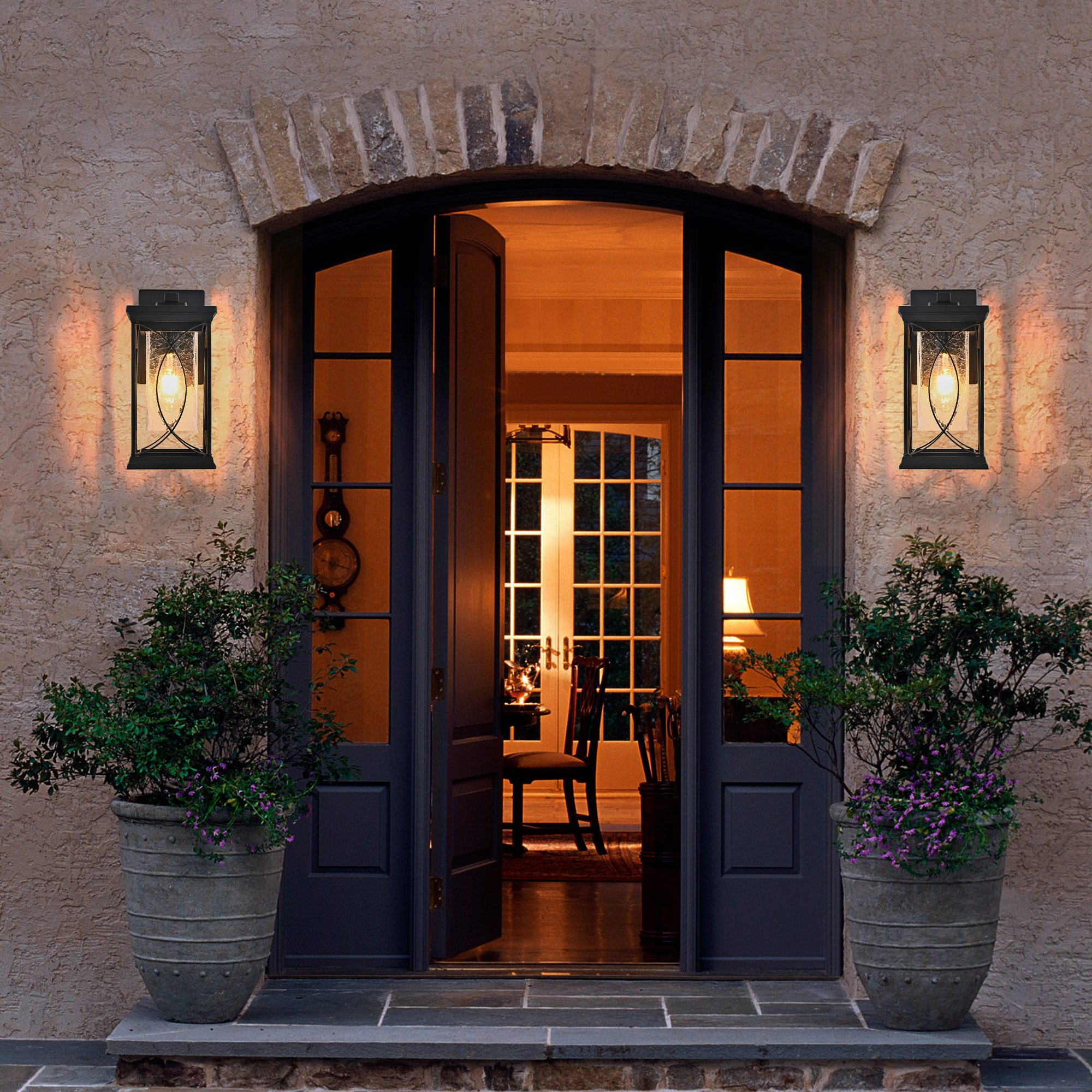 14"(H) 1-pack Black Outdoor Wall Lantern with Crackled Glass, Weather-Resistant Exterior Light Fixture for Porch, Patio, and Entryway, Modern Decorative Wall Sconce with E26 Base (Bulb Not Included) - Image 2