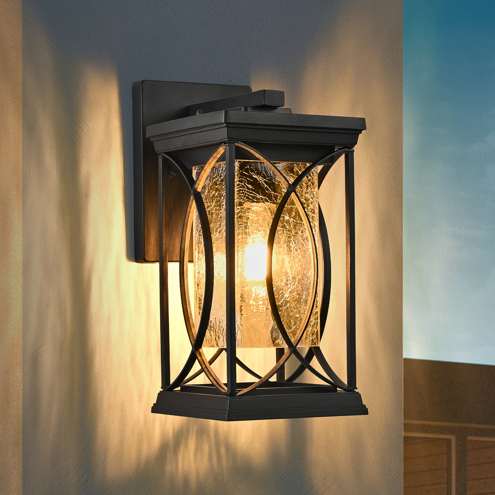 14"(H) 1-pack Black Outdoor Wall Lantern with Crackled Glass, Weather-Resistant Exterior Light Fixture for Porch, Patio, and Entryway, Modern Decorative Wall Sconce with E26 Base (Bulb Not Included) - Image 3