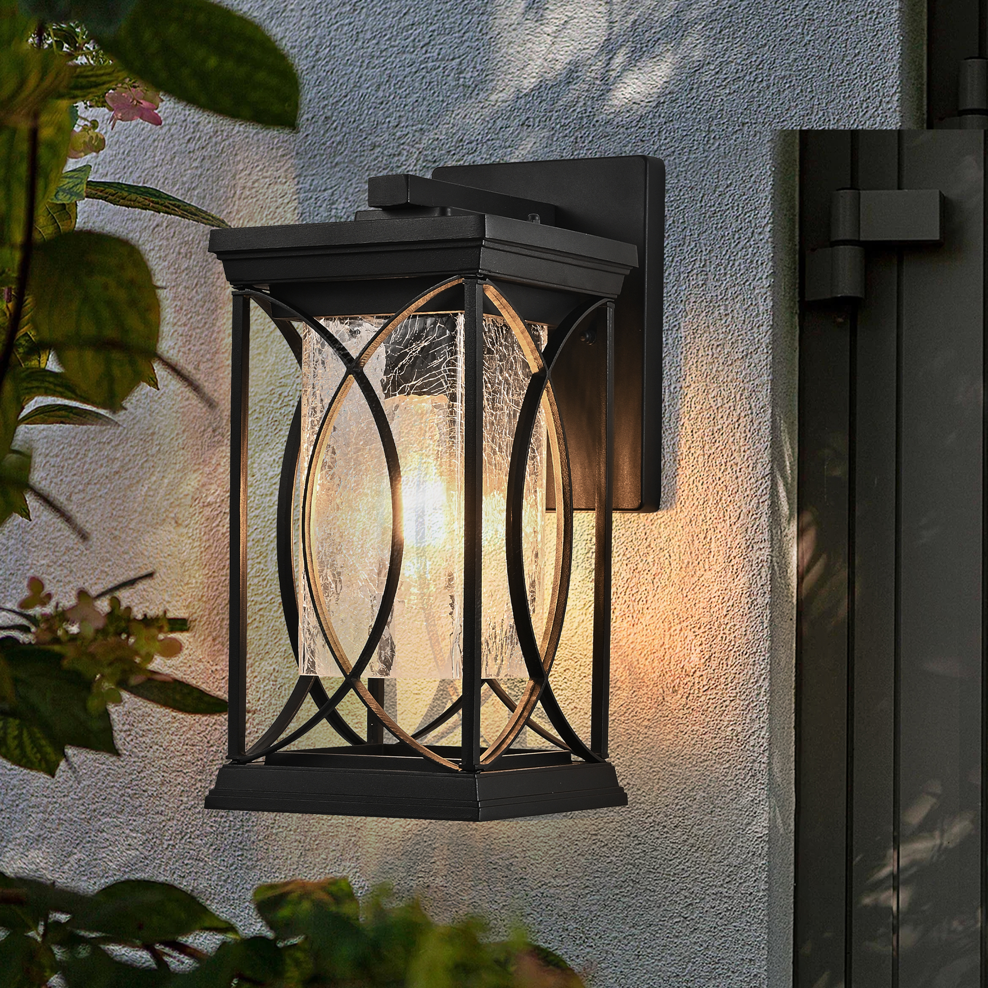 14"(H) 1-pack Black Outdoor Wall Lantern with Crackled Glass, Weather-Resistant Exterior Light Fixture for Porch, Patio, and Entryway, Modern Decorative Wall Sconce with E26 Base (Bulb Not Included) - Image 4