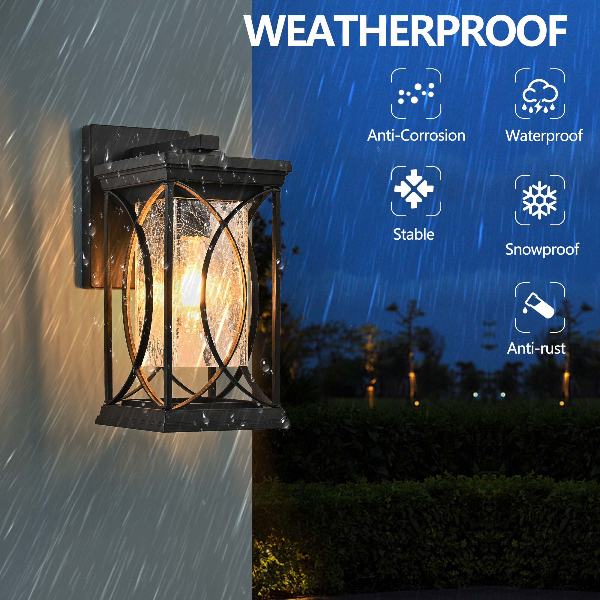 14"(H) 1-pack Black Outdoor Wall Lantern with Crackled Glass, Weather-Resistant Exterior Light Fixture for Porch, Patio, and Entryway, Modern Decorative Wall Sconce with E26 Base (Bulb Not Included) - Image 5