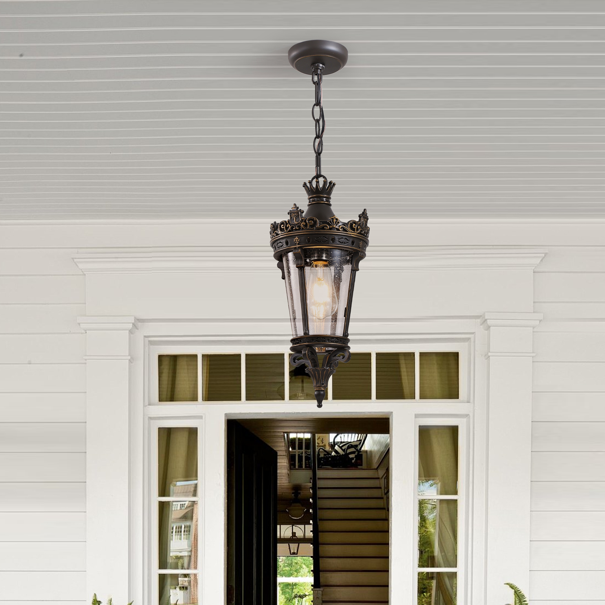 18"(H) Antique Crown Outdoor Hanging Lantern, Waterproof Vintage Pendant Light with Ornate Metal Design and Clear Glass for Patio, Garden, Porch, Entryway Lighting (One piece&No bulb) - Image 2