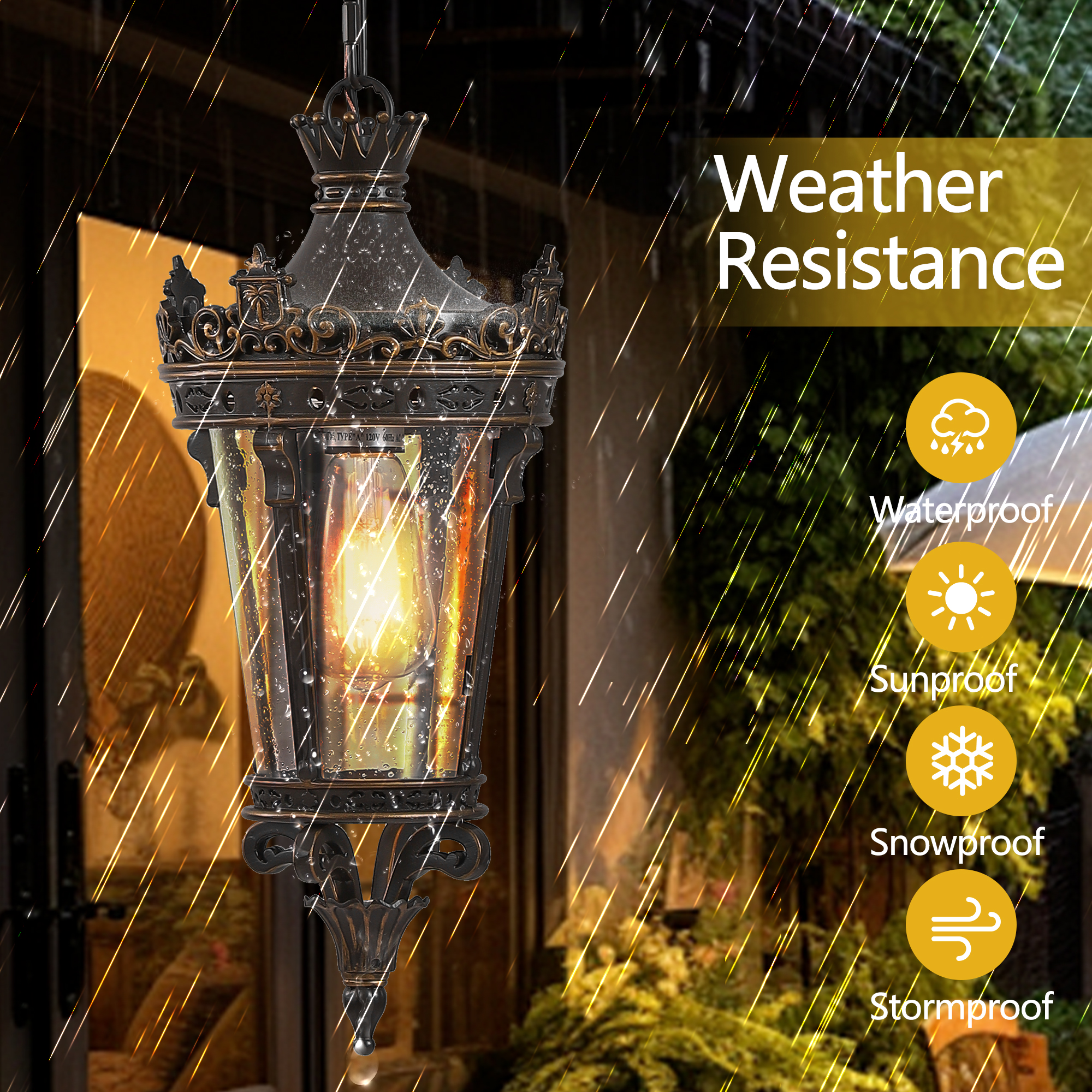 18"(H) Antique Crown Outdoor Hanging Lantern, Waterproof Vintage Pendant Light with Ornate Metal Design and Clear Glass for Patio, Garden, Porch, Entryway Lighting (One piece&No bulb) - Image 4