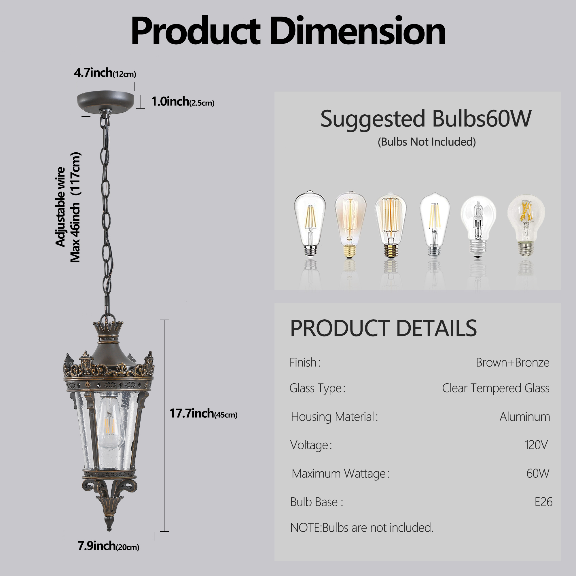 18"(H) Antique Crown Outdoor Hanging Lantern, Waterproof Vintage Pendant Light with Ornate Metal Design and Clear Glass for Patio, Garden, Porch, Entryway Lighting (One piece&No bulb) - Image 5