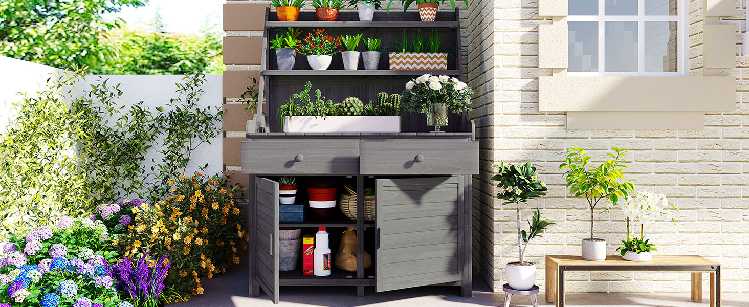 [Assembly Video Provided] TOPMAX 65inch Garden Potting Bench Table, Fir Wood Workstation with Storage Shelf, Drawer and Cabinet, Gray - Image 2