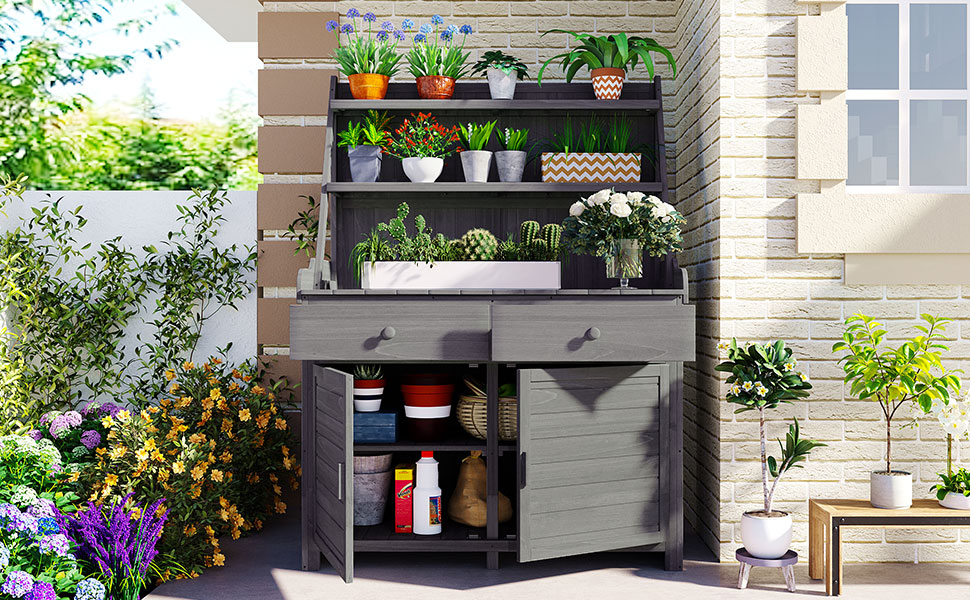 [Assembly Video Provided] TOPMAX 65inch Garden Potting Bench Table, Fir Wood Workstation with Storage Shelf, Drawer and Cabinet, Gray - Image 3
