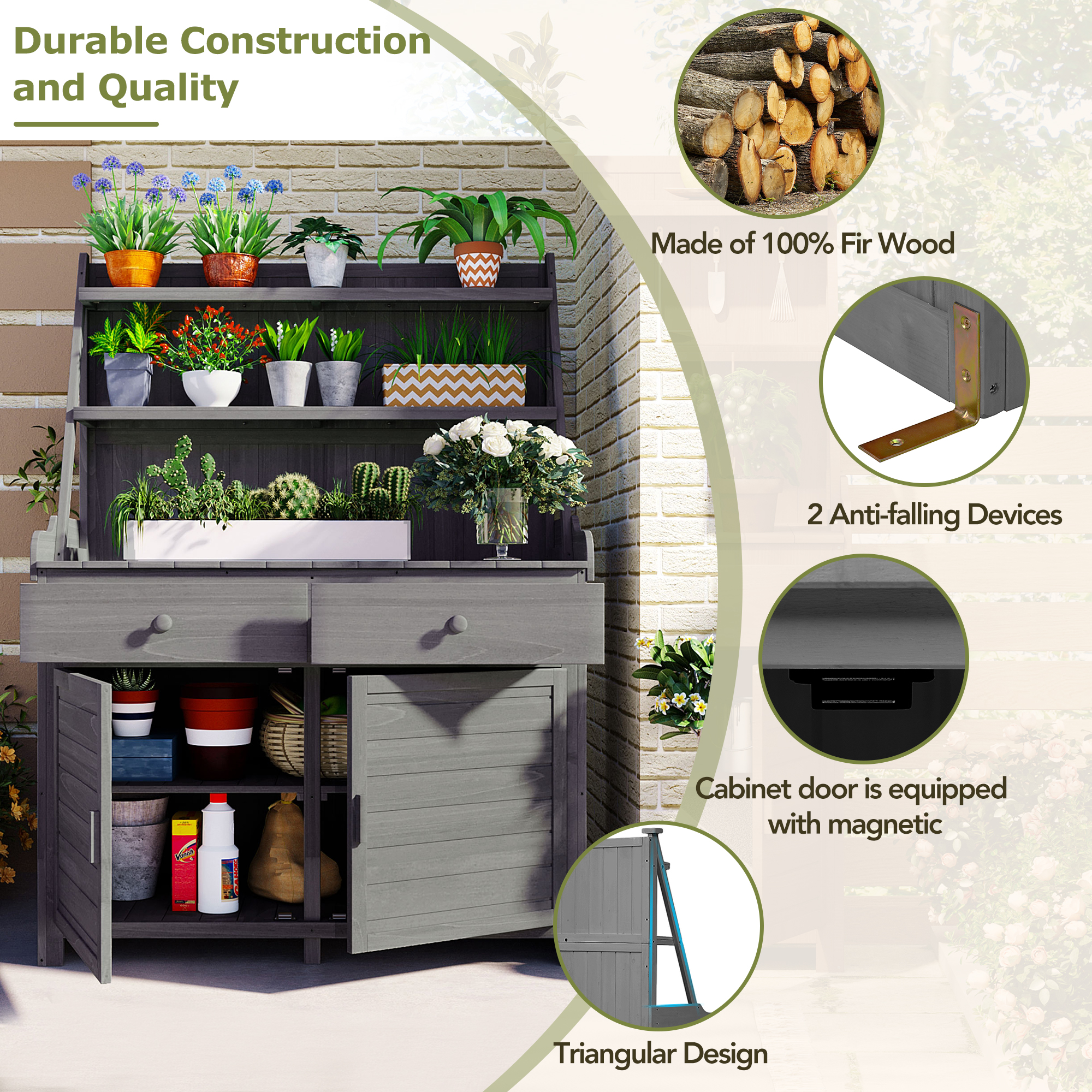 [Assembly Video Provided] TOPMAX 65inch Garden Potting Bench Table, Fir Wood Workstation with Storage Shelf, Drawer and Cabinet, Gray - Image 5