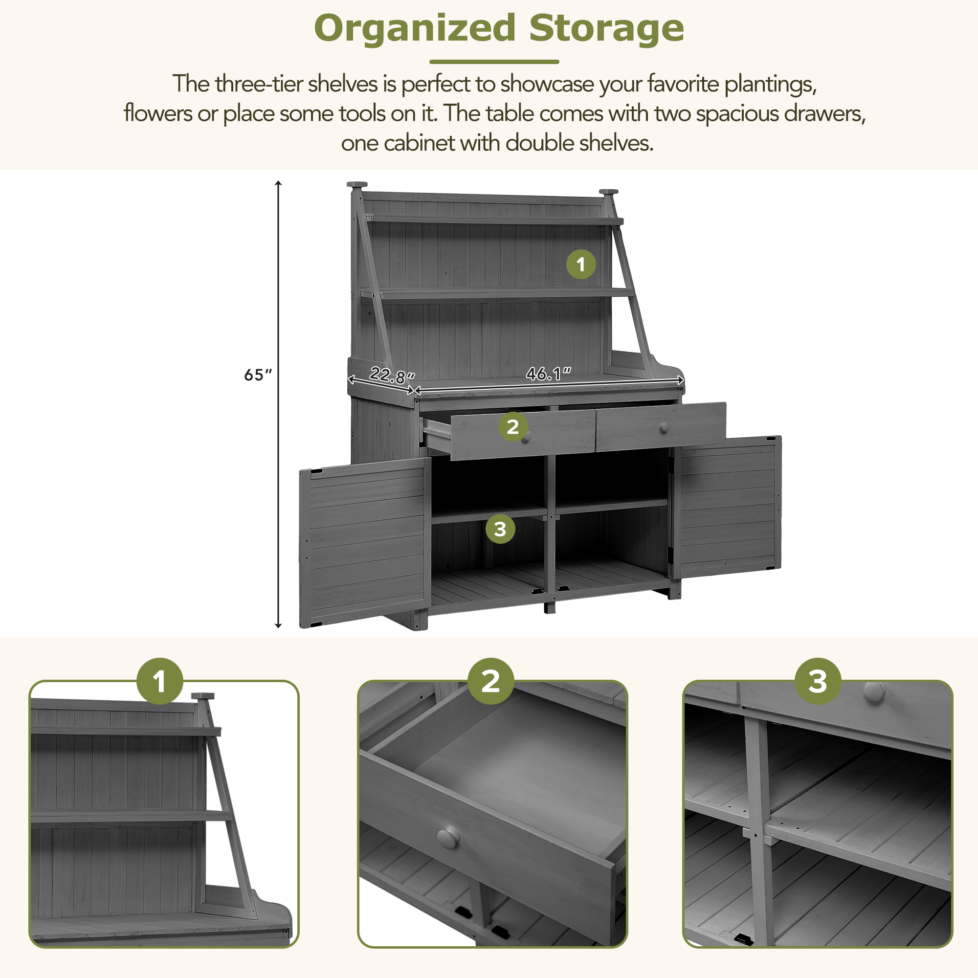 [Assembly Video Provided] TOPMAX 65inch Garden Potting Bench Table, Fir Wood Workstation with Storage Shelf, Drawer and Cabinet, Gray - Image 6