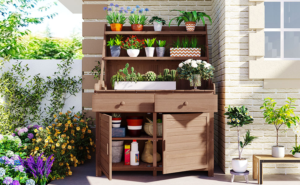 [Assembly Video Provided] TOPMAX 65inch Garden Potting Bench Table, Fir Wood Workstation with Storage Shelf, Drawer and Cabinet, Brown - Image 2