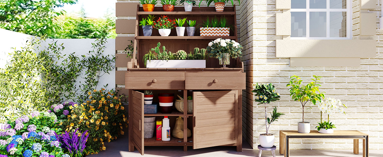 [Assembly Video Provided] TOPMAX 65inch Garden Potting Bench Table, Fir Wood Workstation with Storage Shelf, Drawer and Cabinet, Brown - Image 3