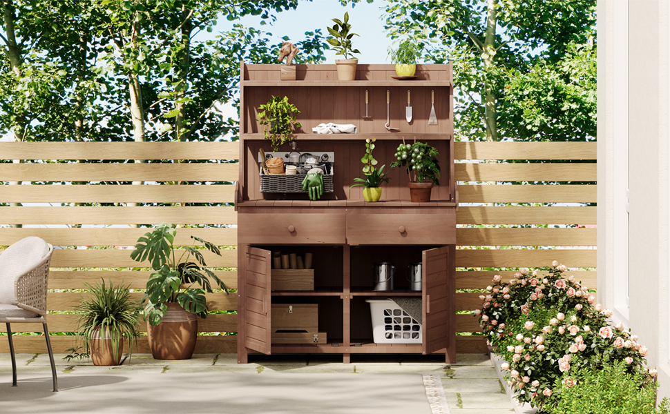 [Assembly Video Provided] TOPMAX 65inch Garden Potting Bench Table, Fir Wood Workstation with Storage Shelf, Drawer and Cabinet, Brown - Image 4