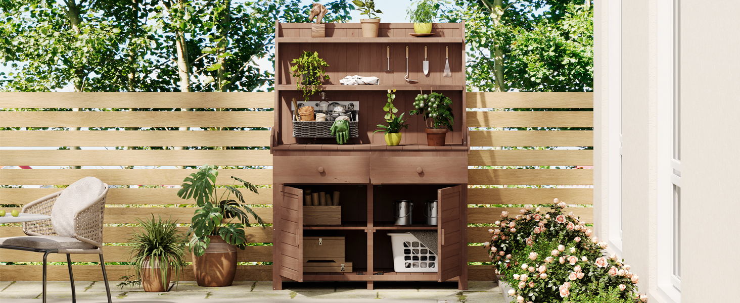 [Assembly Video Provided] TOPMAX 65inch Garden Potting Bench Table, Fir Wood Workstation with Storage Shelf, Drawer and Cabinet, Brown - Image 5