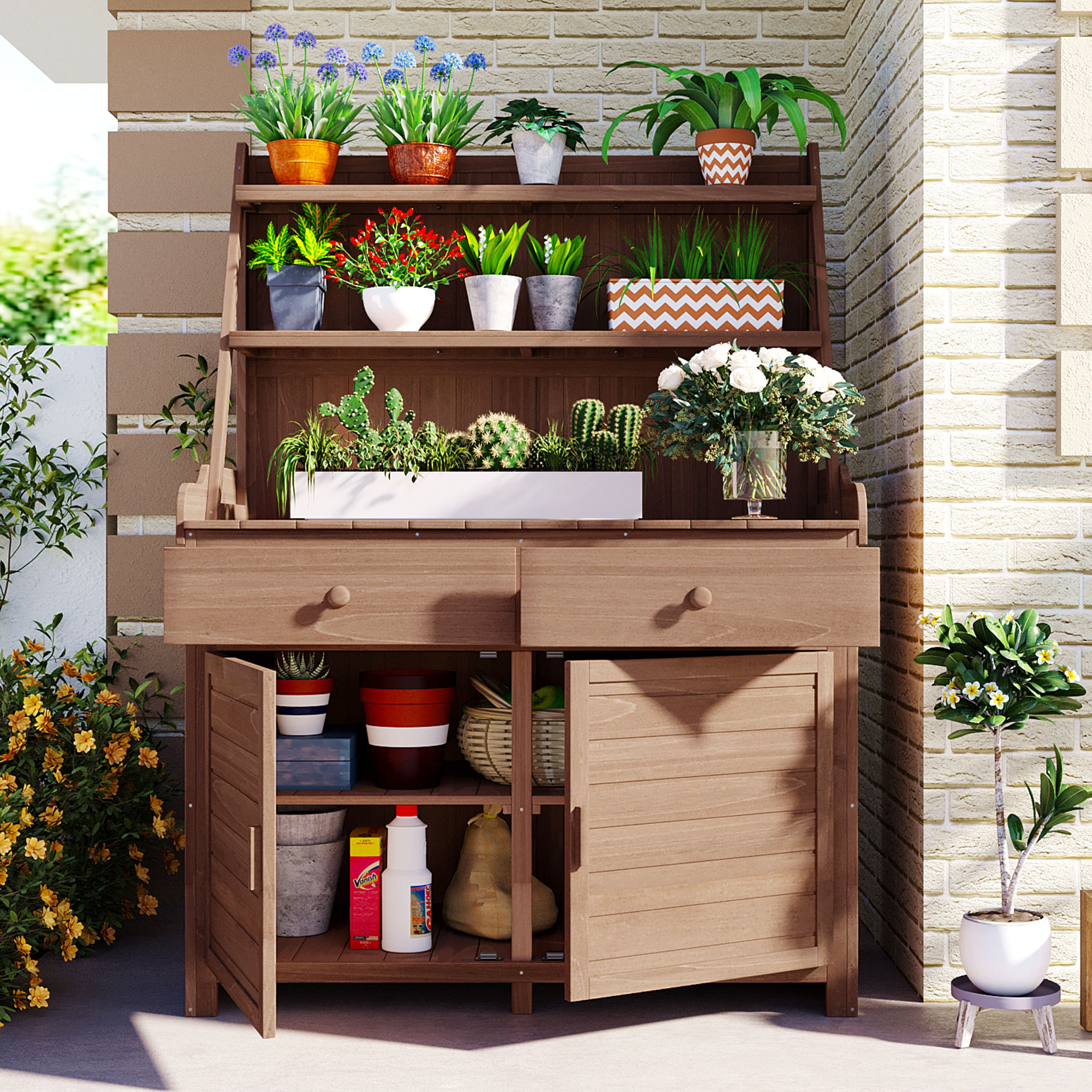 [Assembly Video Provided] TOPMAX 65inch Garden Potting Bench Table, Fir Wood Workstation with Storage Shelf, Drawer and Cabinet, Brown - Image 6