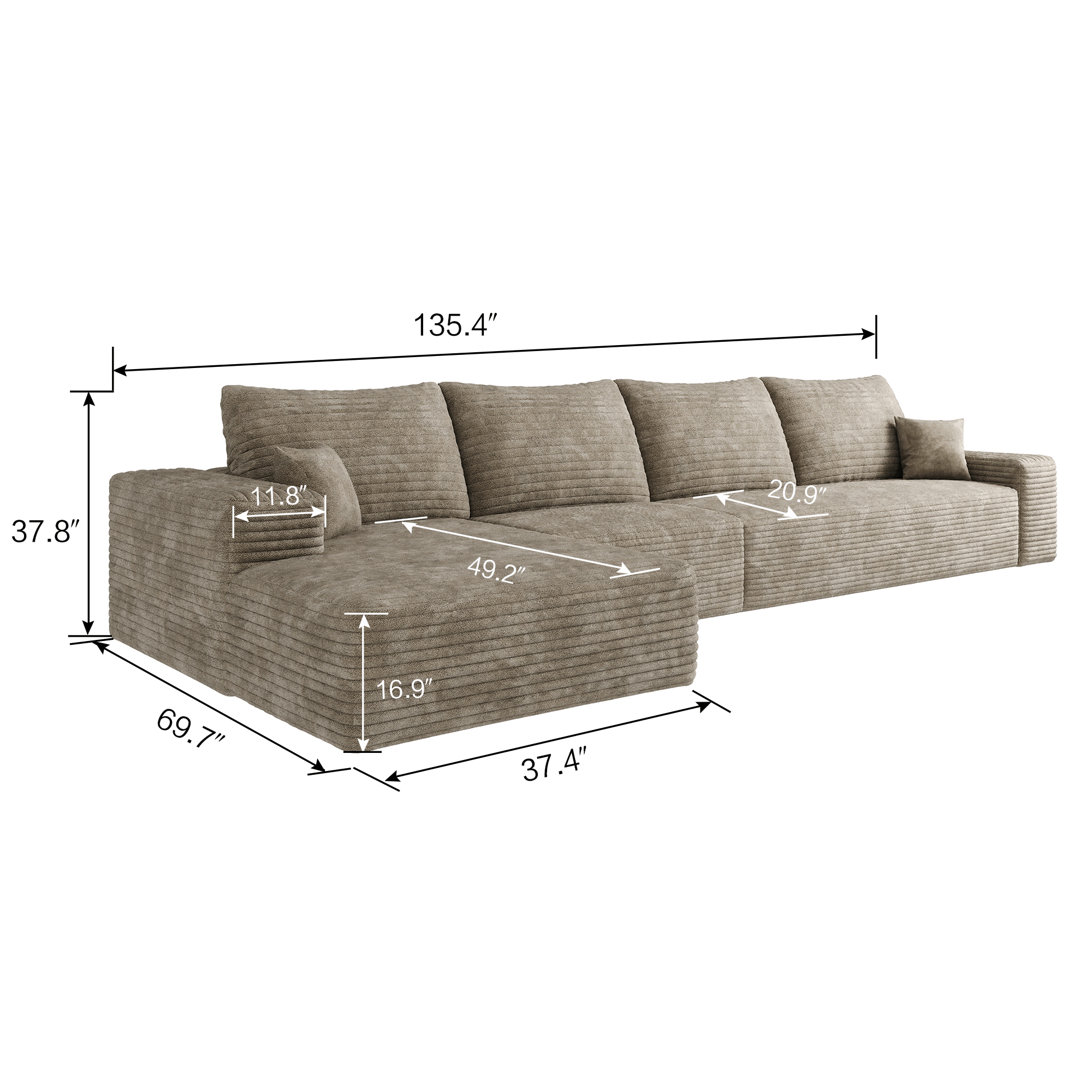 135" Cloud Sectional Couch with L-Shape Chaise,Modern Modular Sofa with Deep Seat, Upholstered Couches for Living Room Bedroom,No Assembly Required, Camel(Plush Corduroy Fabric) - Image 6