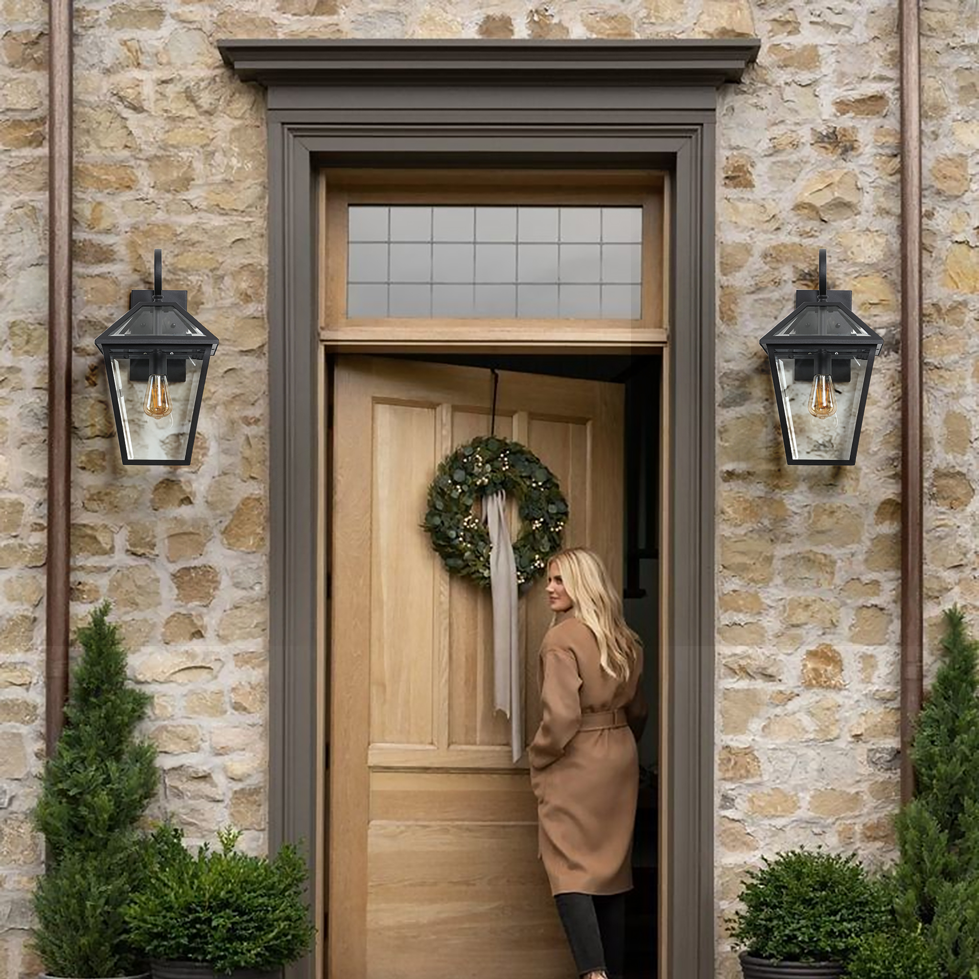 10" 2pcs Outdoor Wall Lanterns, Black Finish Weatherproof Wall Sconce with Clear Glass Panels, Vintage Exterior Light Fixtures for Porch, Patio, Garage, and Entryway (Bulb Not Included) - Image 4