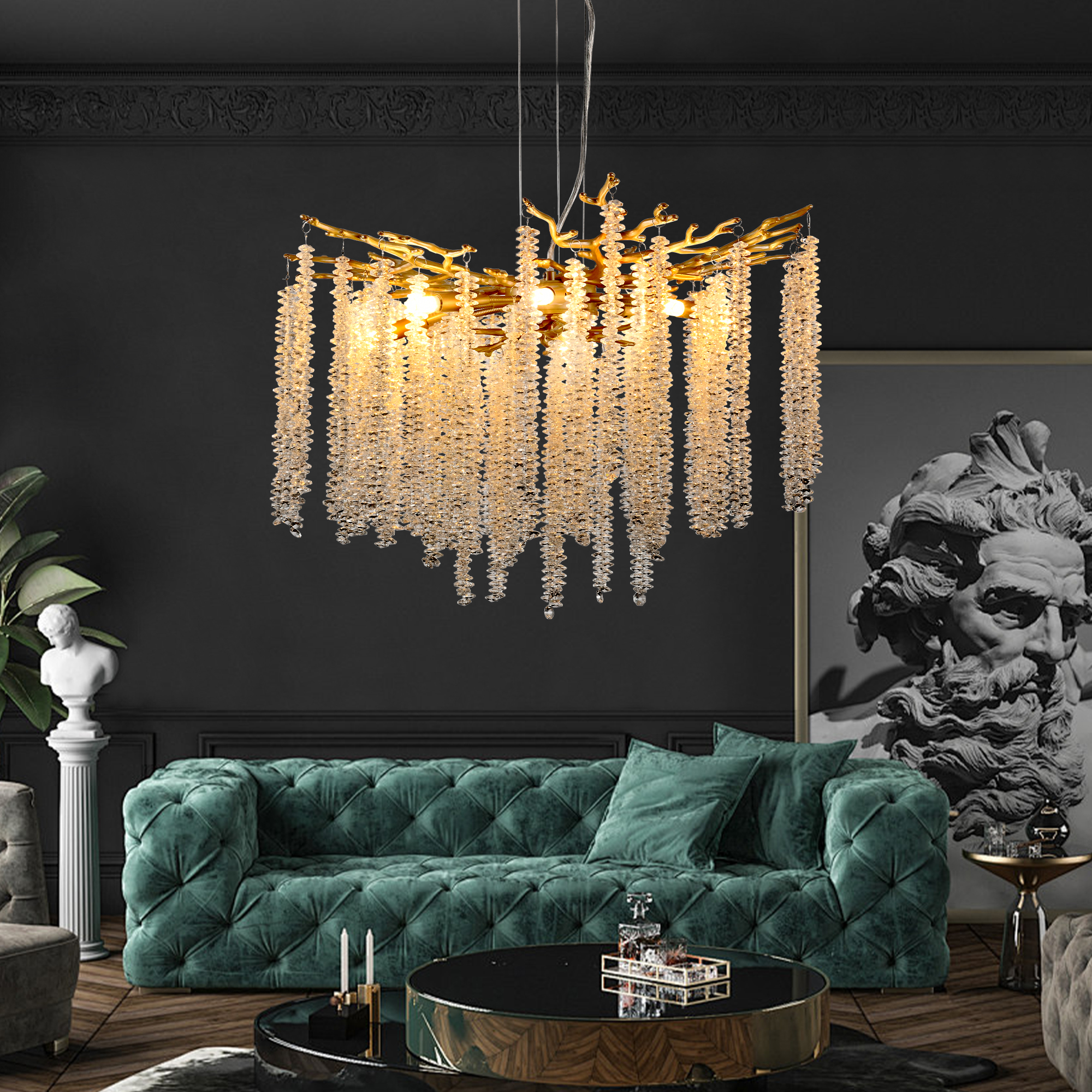 24-inch Modern Golden Pendant Light with Cascading Crystal Strands, Ideal for Living Room, Dining Room and Foyer, High-End Decorative Lighting Fixture (Bulb Not Included)