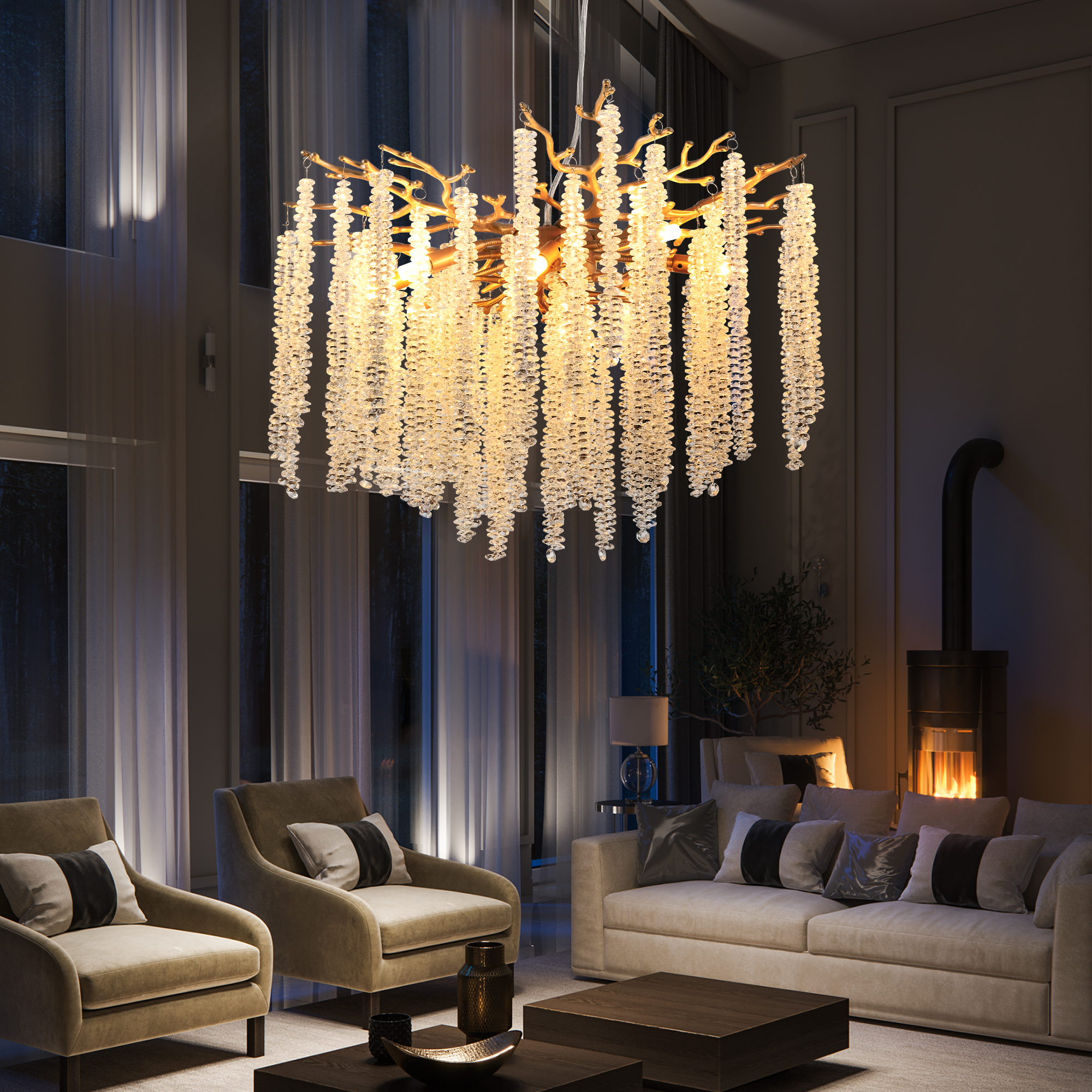 24-inch Modern Golden Pendant Light with Cascading Crystal Strands, Ideal for Living Room, Dining Room and Foyer, High-End Decorative Lighting Fixture (Bulb Not Included) - Image 2