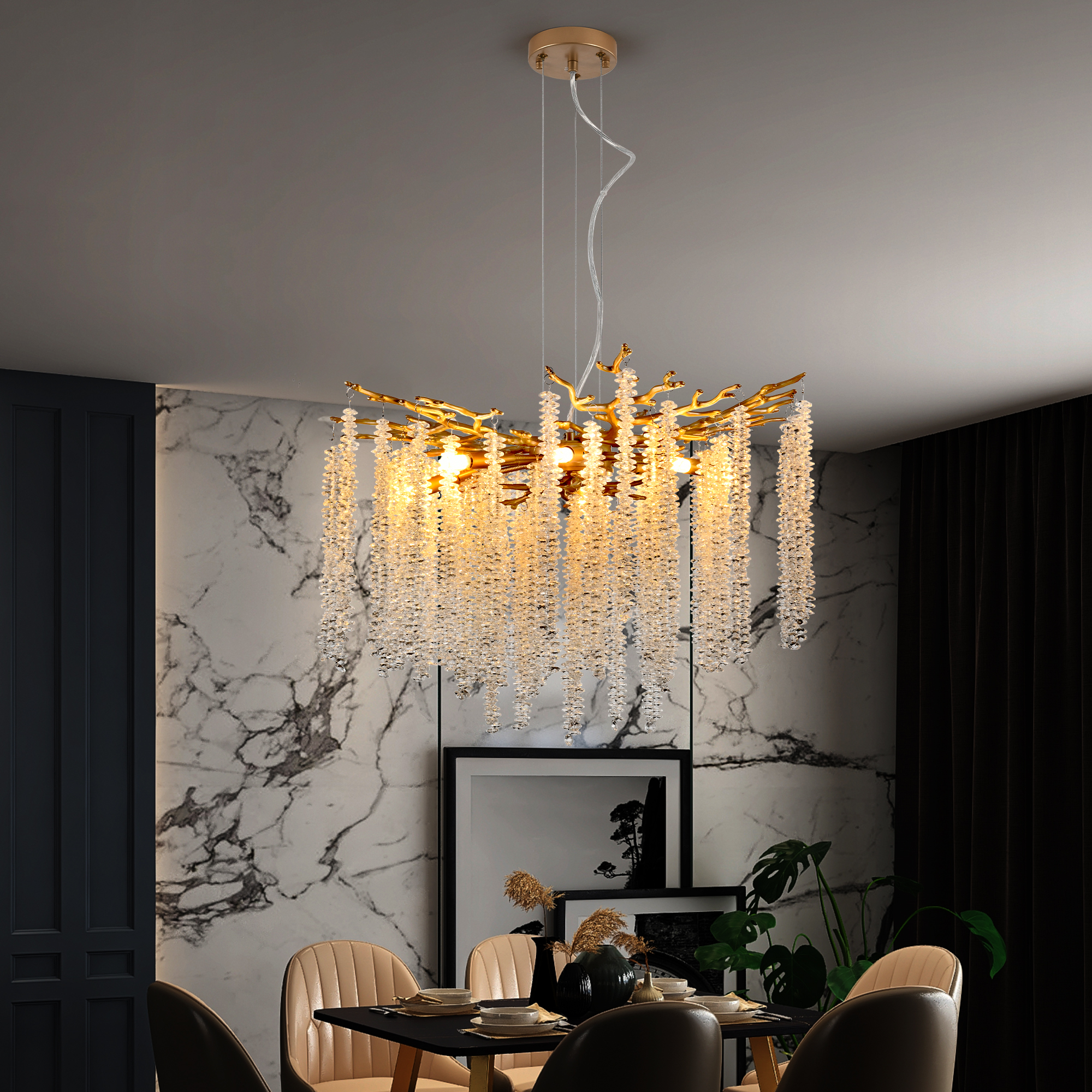 24-inch Modern Golden Pendant Light with Cascading Crystal Strands, Ideal for Living Room, Dining Room and Foyer, High-End Decorative Lighting Fixture (Bulb Not Included) - Image 3