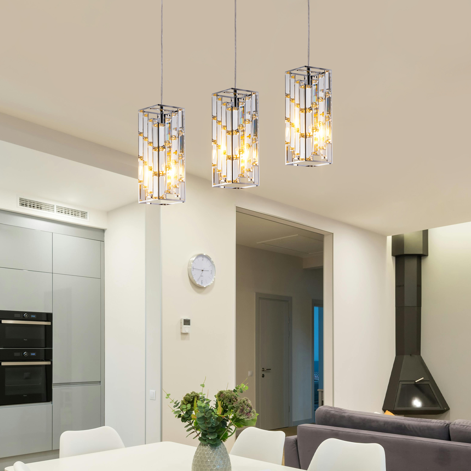 4" Modern Crystal Pendant Light - 3 Pack, Adjustable Hanging Ceiling Lamp with Crystal Prism Design for Dining Room, Kitchen Island, and Living Room -Chrome Finish - Image 2