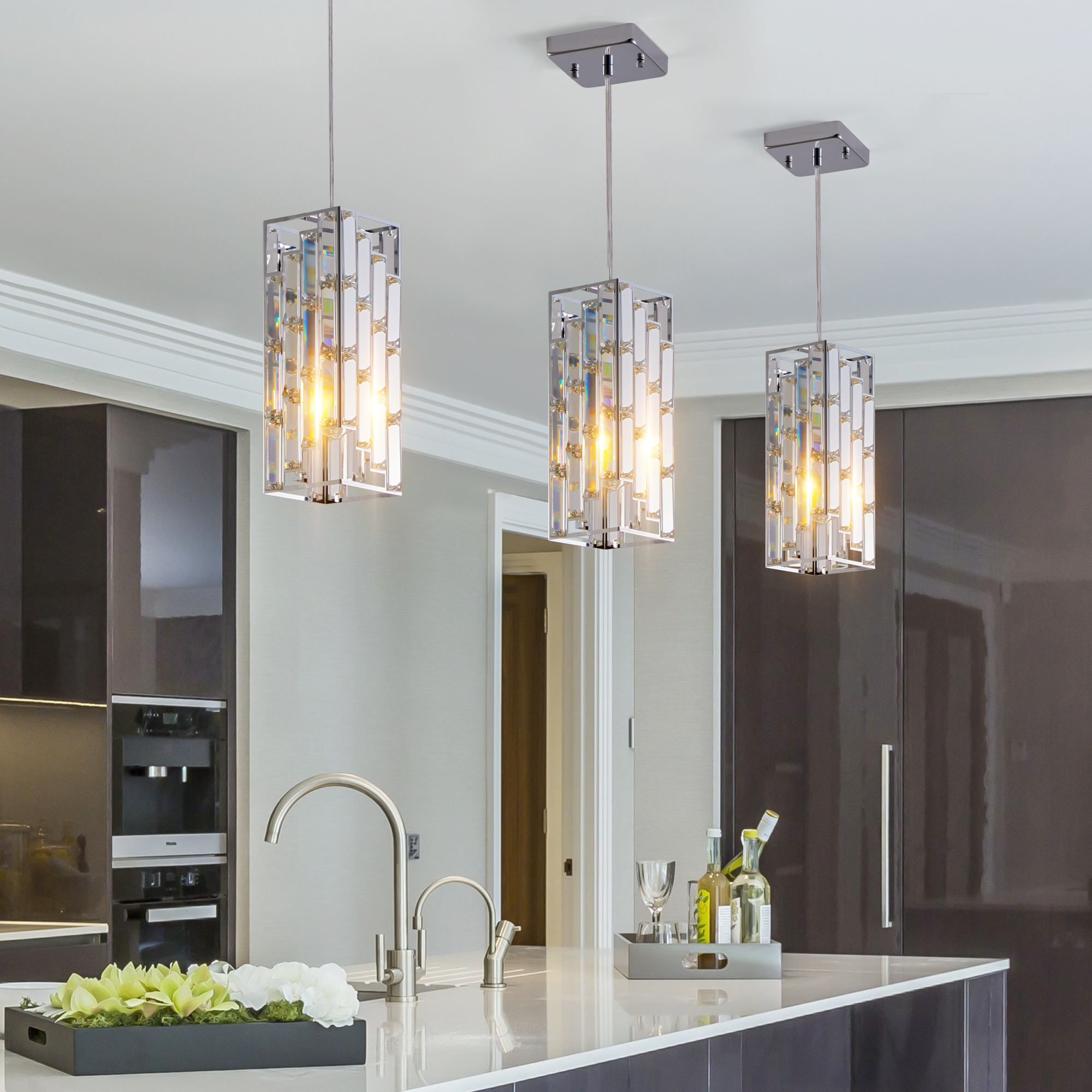 4" Modern Crystal Pendant Light - 3 Pack, Adjustable Hanging Ceiling Lamp with Crystal Prism Design for Dining Room, Kitchen Island, and Living Room -Chrome Finish - Image 4