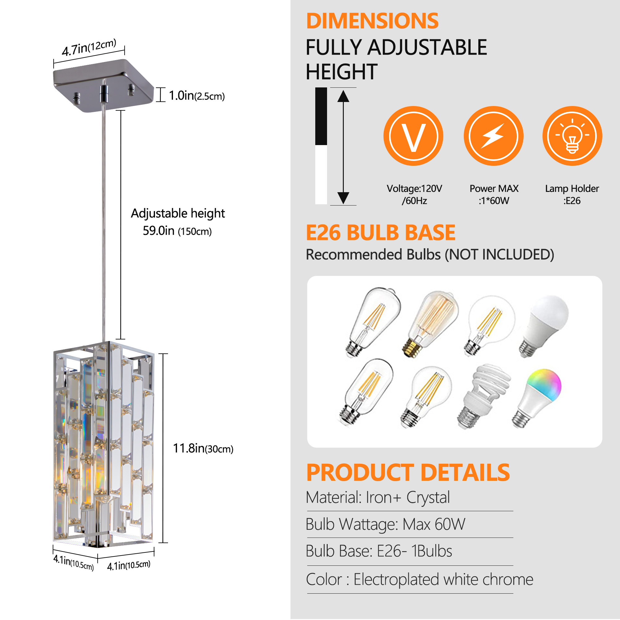 4" Modern Crystal Pendant Light - 3 Pack, Adjustable Hanging Ceiling Lamp with Crystal Prism Design for Dining Room, Kitchen Island, and Living Room -Chrome Finish - Image 5