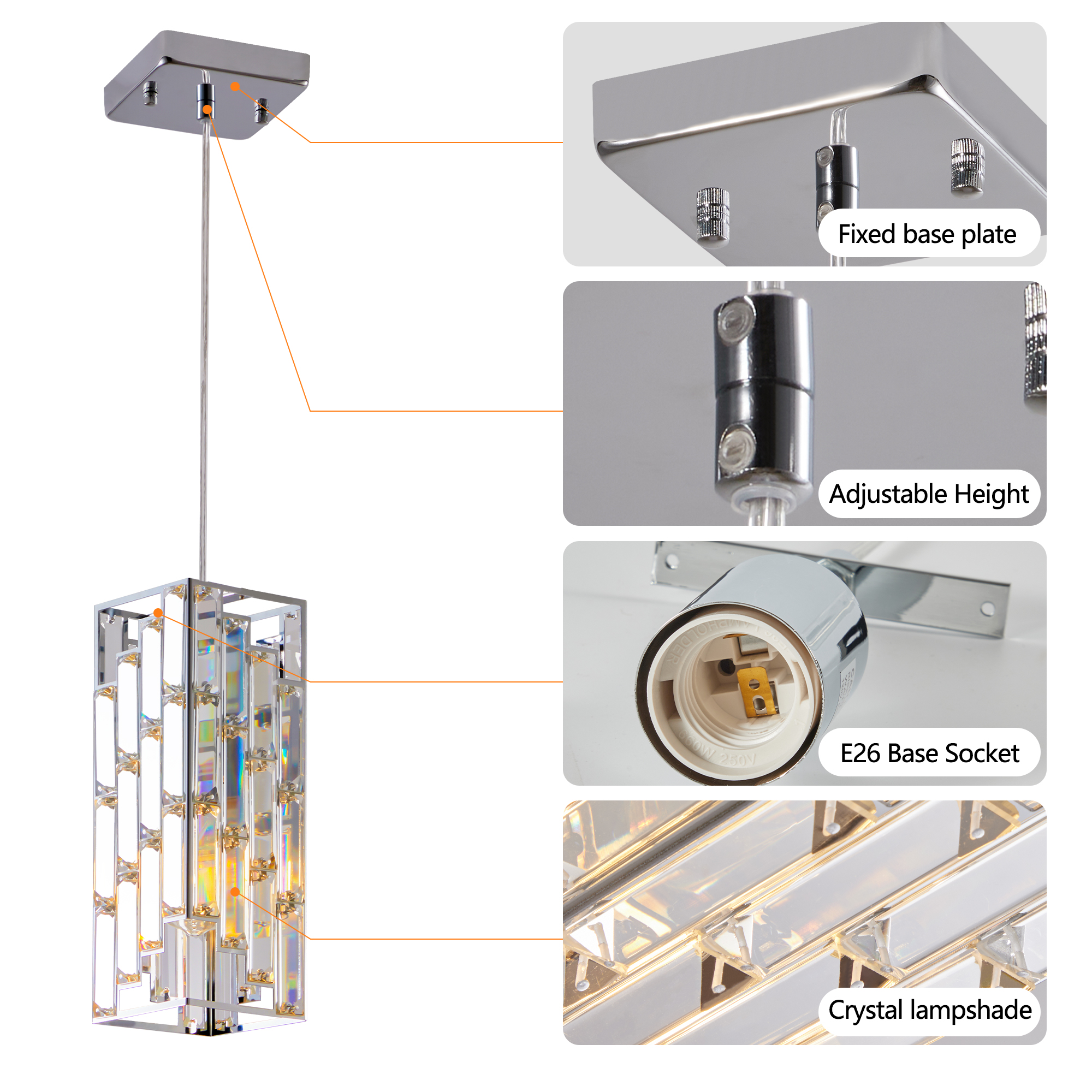 4" Modern Crystal Pendant Light - 3 Pack, Adjustable Hanging Ceiling Lamp with Crystal Prism Design for Dining Room, Kitchen Island, and Living Room -Chrome Finish - Image 6