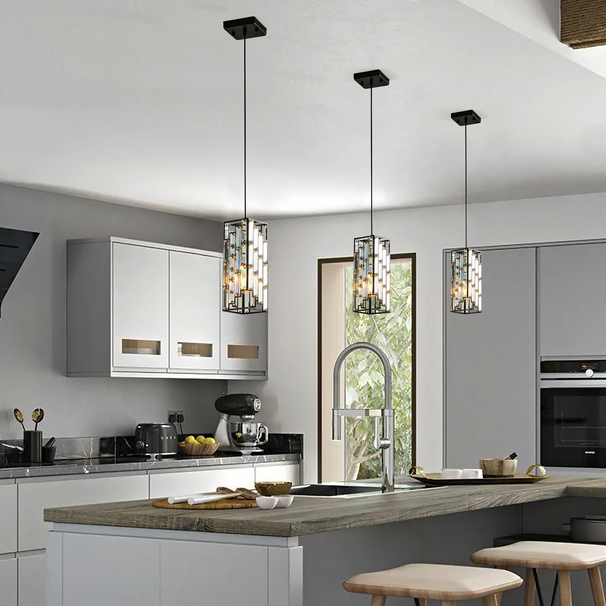 4" Modern Crystal Pendant Light - 3 Pack, Adjustable Hanging Ceiling Lamp with Crystal Prism Design for Dining Room, Kitchen Island, and Living Room -Black Finish - Image 2
