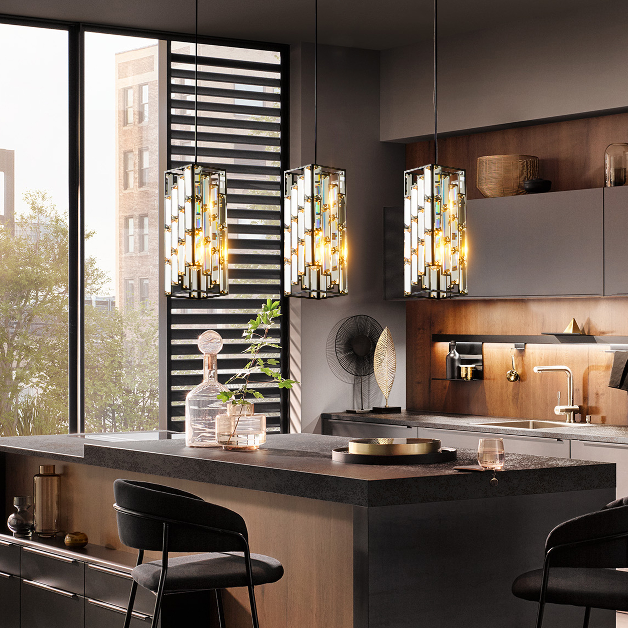 4" Modern Crystal Pendant Light - 3 Pack, Adjustable Hanging Ceiling Lamp with Crystal Prism Design for Dining Room, Kitchen Island, and Living Room -Black Finish - Image 3